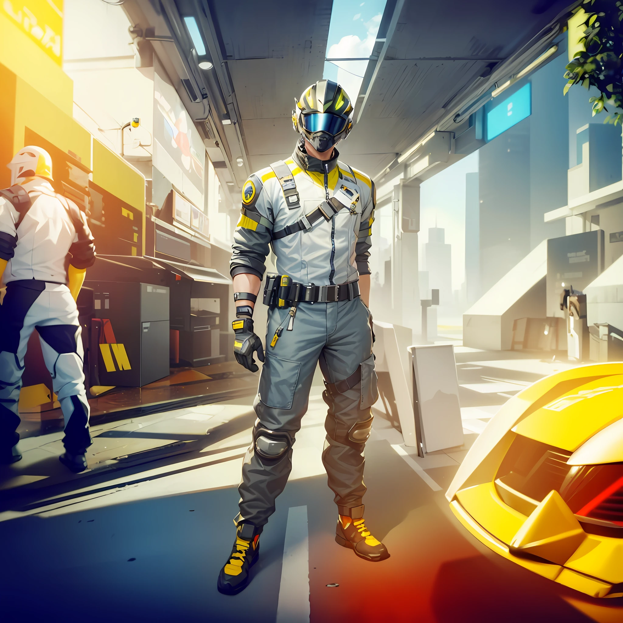 (masterpiece, high quality, 8K, full body) male, muscular male, muscle detail, faceless, faceless male, masked, helmet, cyberpunk mask, cyberpunk helmet, helmet covering all of face, engineer outfit, safety jacket, longpants, gloves, safety belts, pantofel shoes, standing pose, racer background