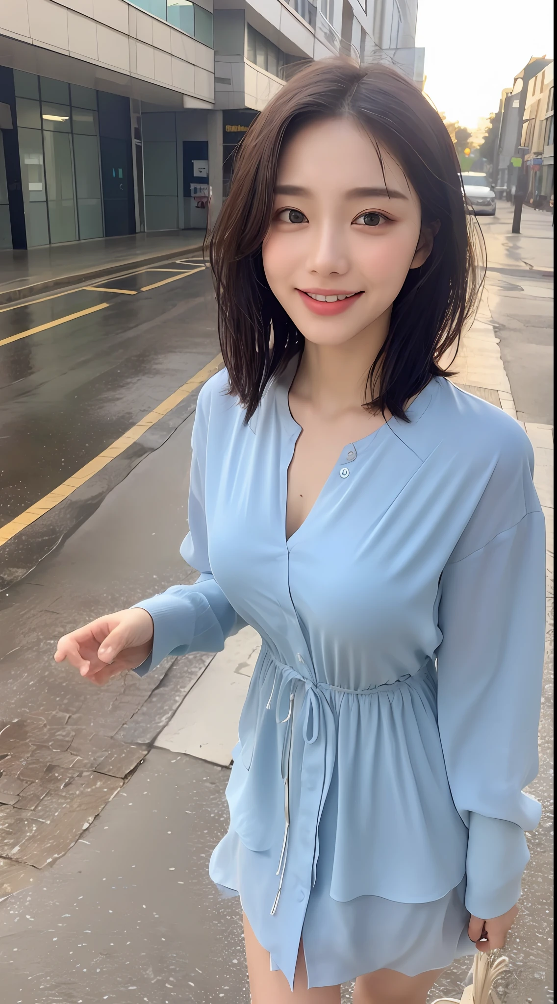 ((Best Quality, 8K, Masterpiece: 1.3)), Focus: 1.2, Perfect Body Beauty: 1.4, Ass: 1.2, ((Layered Haircut, Chest: 1.2)), (Wet Clothes: 1.1), (Rain, Street: 1.3), Bando Dress: 1.1, Highly Detailed Face and Skin Texture, Narrow Eyes, Double Eyelids, Whitening Skin, Long Hair, (Shut Up: 1.3), Smile, Sweat