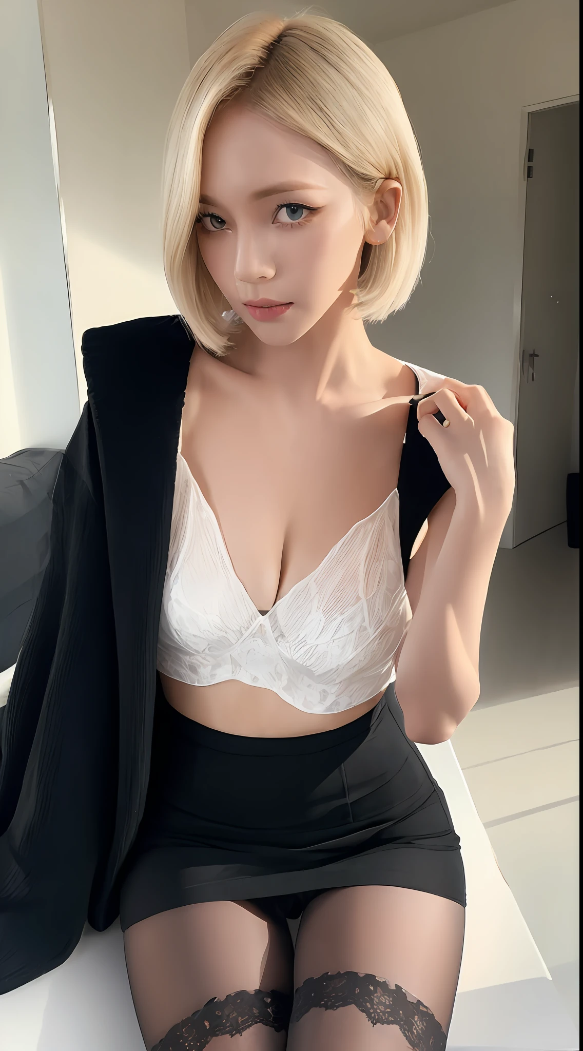 (Rotterdam:1.5), close up, masterpiece, best quality, original photo, realistic, face, beautiful girl, cute, short hair, depth of field, high resolution, ultra-detailed, fine detail, very detailed, extremely detailed eyes and face, sharp pupils, realistic pupils, sharp focus, cinematic lighting, full body, ???? white shirt, miniskirt, ???? seductive ???????????????, black ???? transparent stockings, long legs, ????????????, glasses