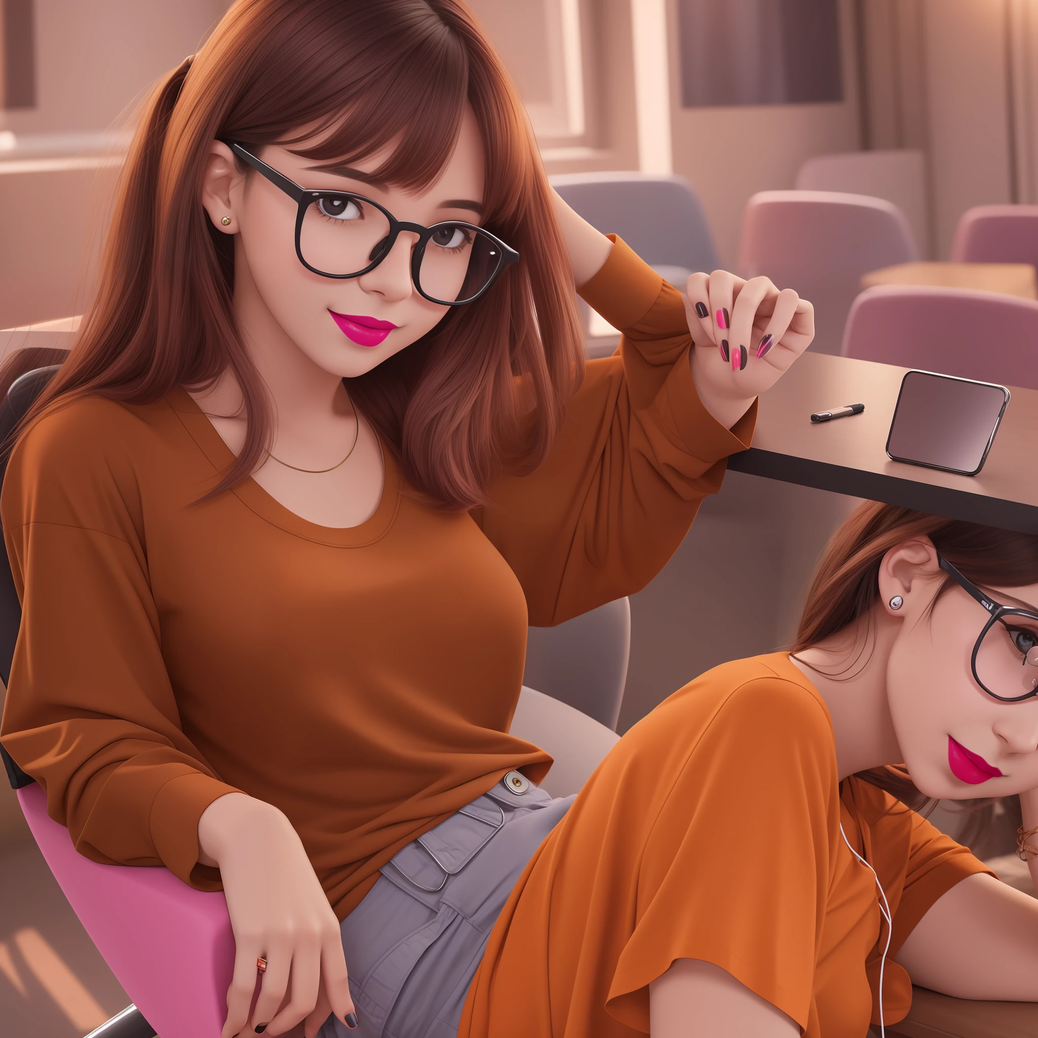 Cute girl, looking at cellphone, holding cellphone, dark skin de female, pink lipstick, happy, colored nails, brown hair, Orange tshirt, small chest, glasses, sitting on chair, anatomicly correct --auto --s2