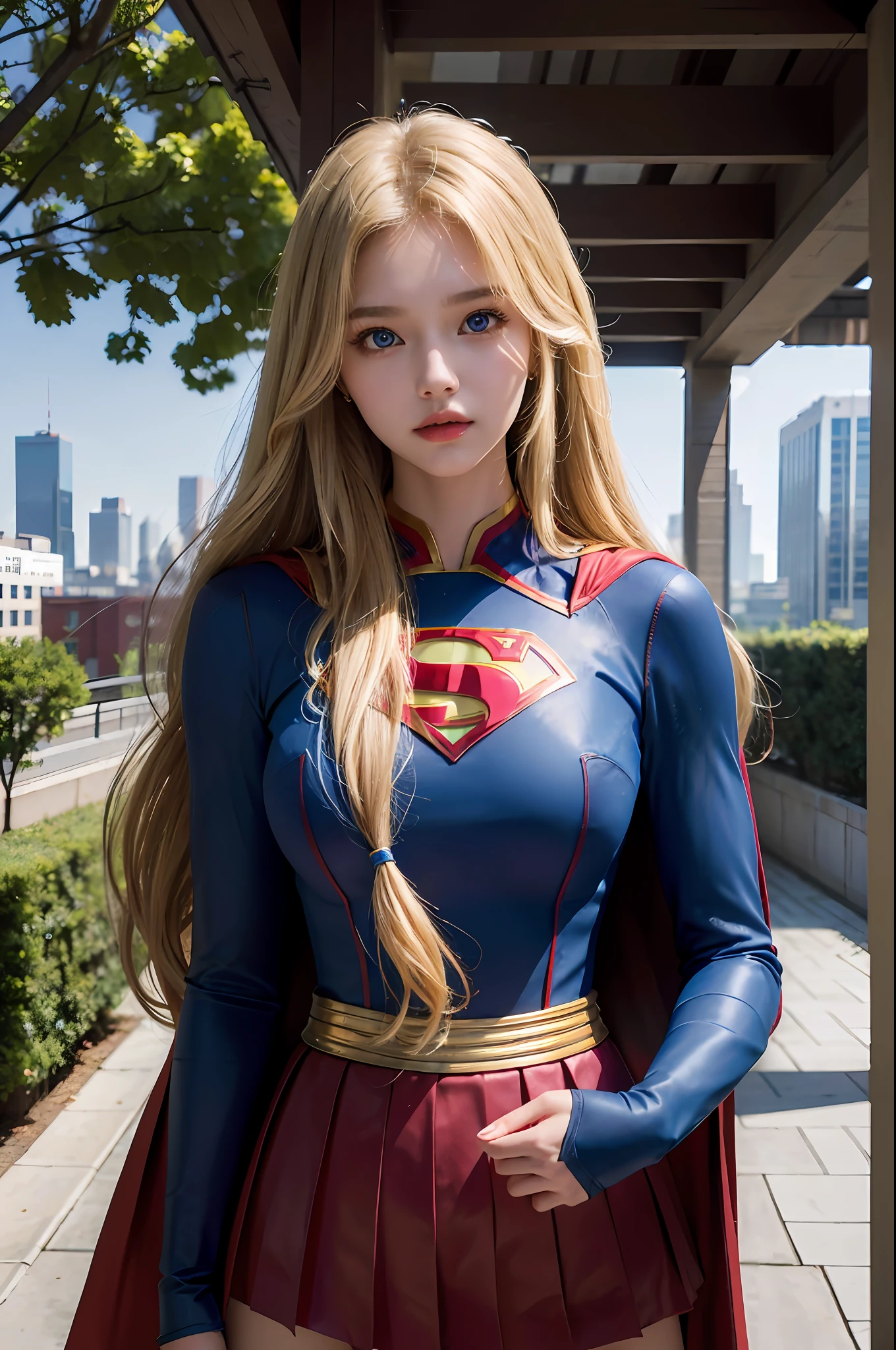 ((best quality, masterpiece, absurdress) , supergirl , 19 years old,long blonde hair, voluminous hair, loose hair, blue expressive eyes,huge breasts, supergirl wearing korean school uniform, terrace of a building, view of other buildings ,day