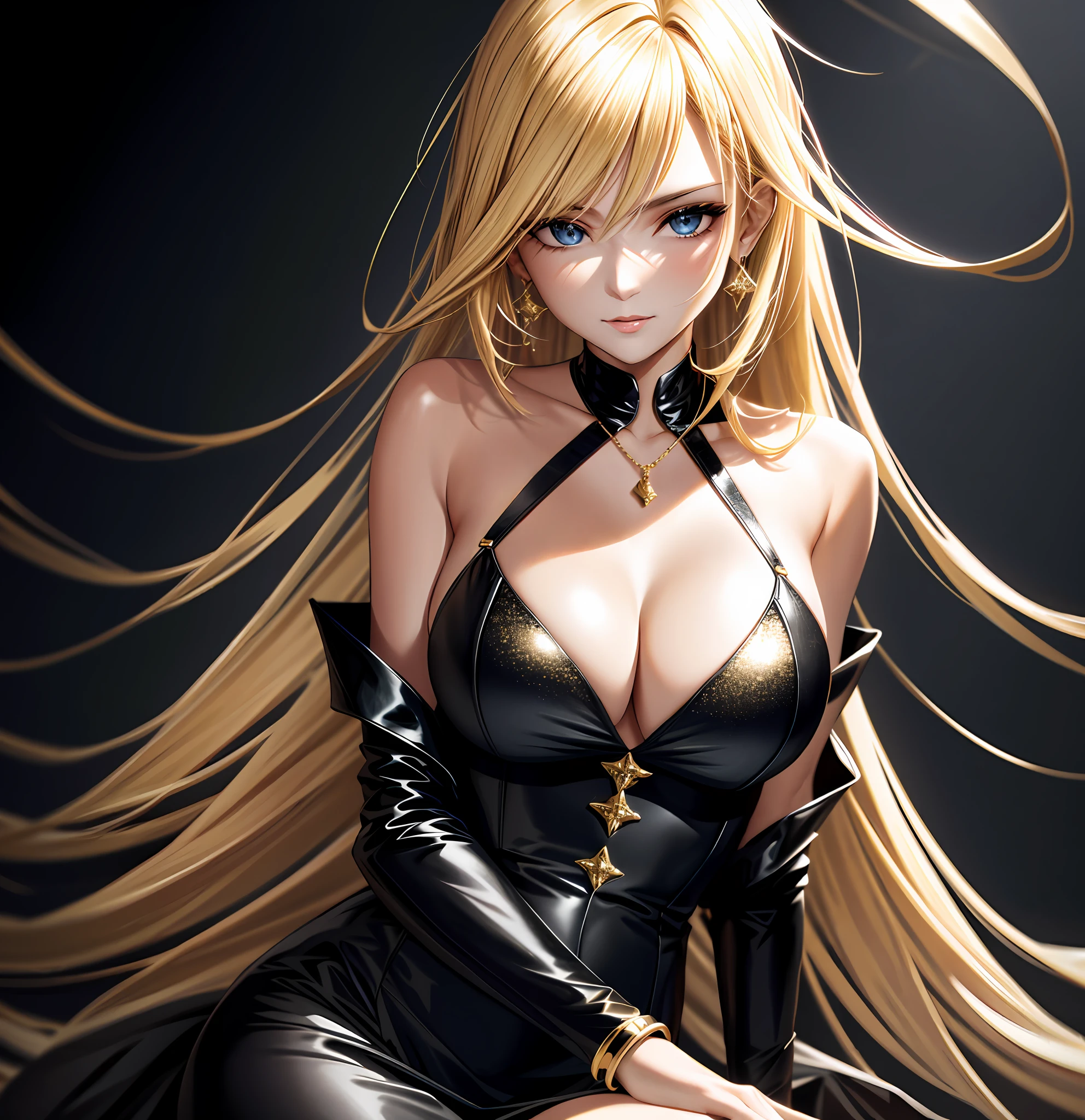 Beautiful blonde girl in sexy black dress, with gold accessories, full portrait
