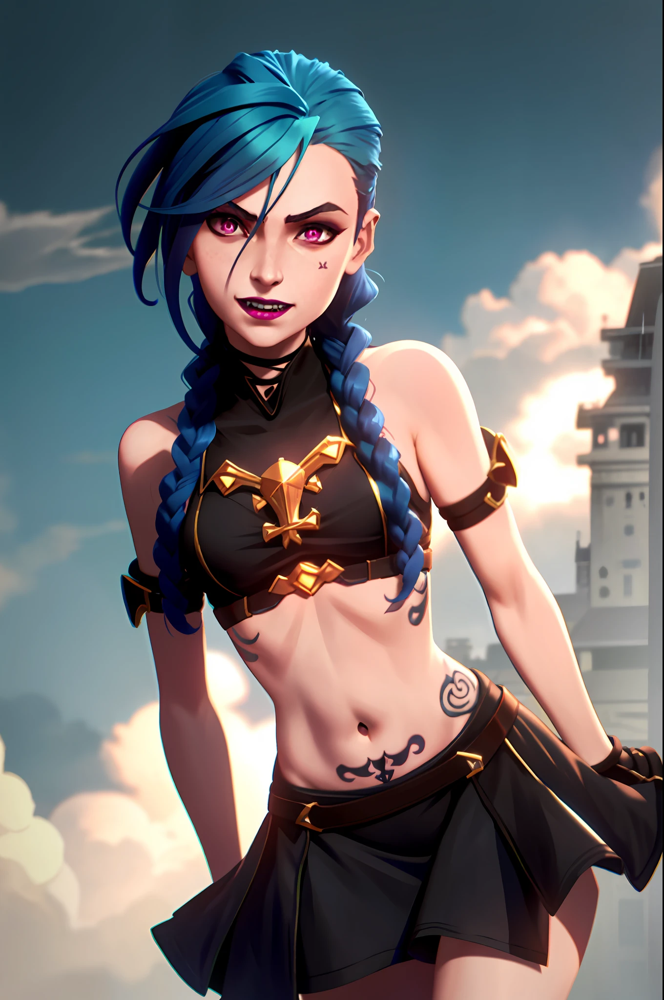 arcane style, 1girl, arm tattoo, asymmetrical bangs, bangs, blue hair, braid, small demonic horns,succubus dress, succubus, cloud tattoo, looking at the viewer, laughing, crazy, uncontrollable laughter, crazy look, night, city, green hair, long hair, diaphragm, pink eyes, red lips, shirt, solo, standing, tattoo, twin braids, upper body, arcane bad luck, Bad Luck \(League of Legends\)