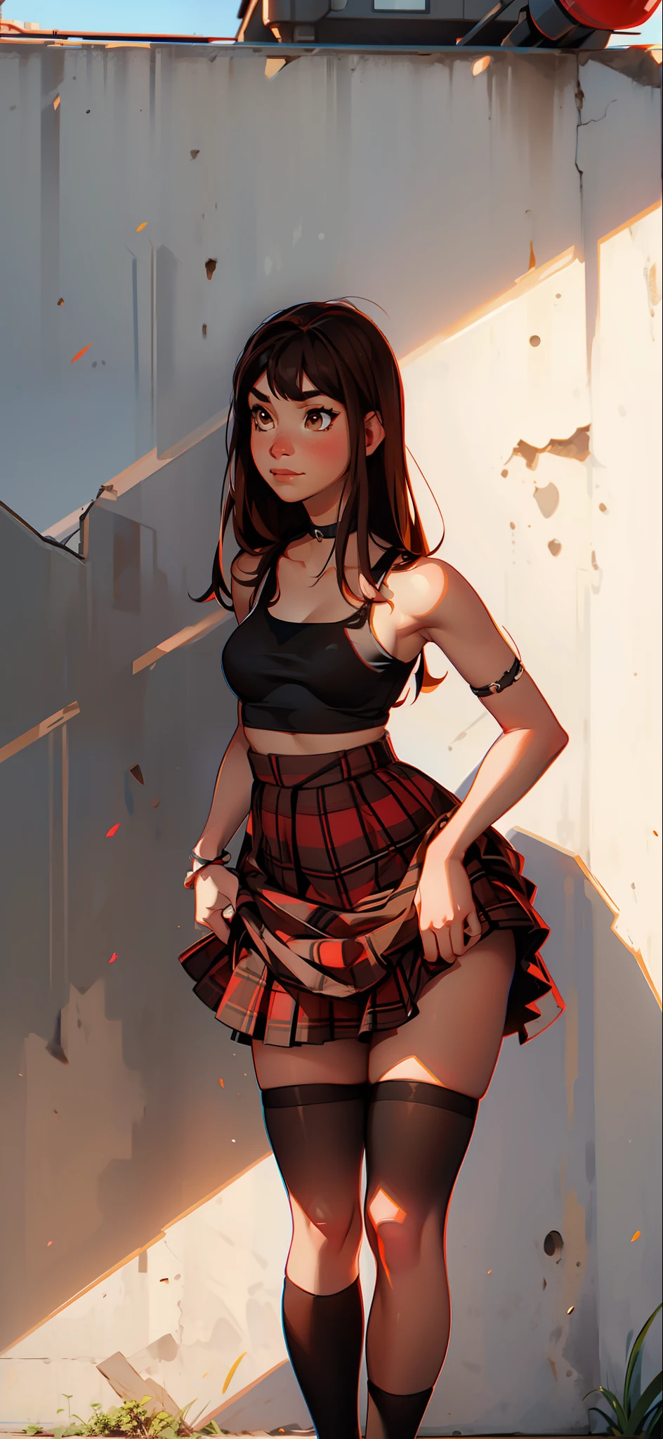 Black tank top, plaid red skirt, black socks, brown hair, brown eyes