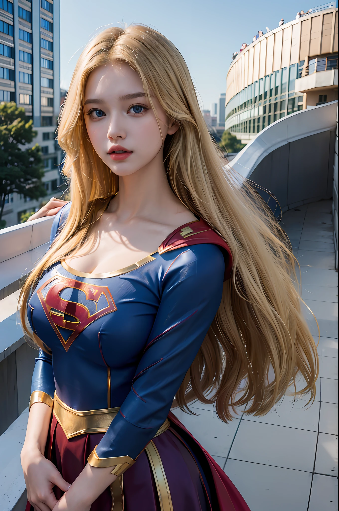 ((best quality, masterpiece, absurdress) , supergirl , 19 years old,long blonde hair, voluminous hair, loose hair, blue expressive eyes,huge breasts, supergirl wearing korean school uniform, terrace of a building, view of other buildings ,day