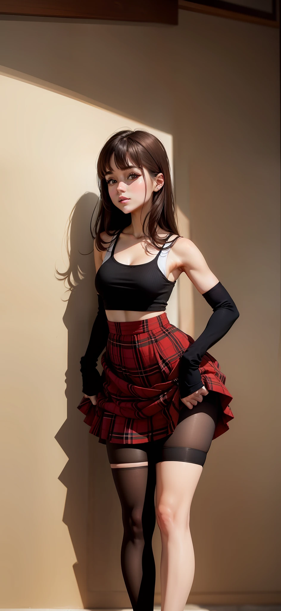 Black tank top, plaid red skirt, black socks, brown hair, brown eyes