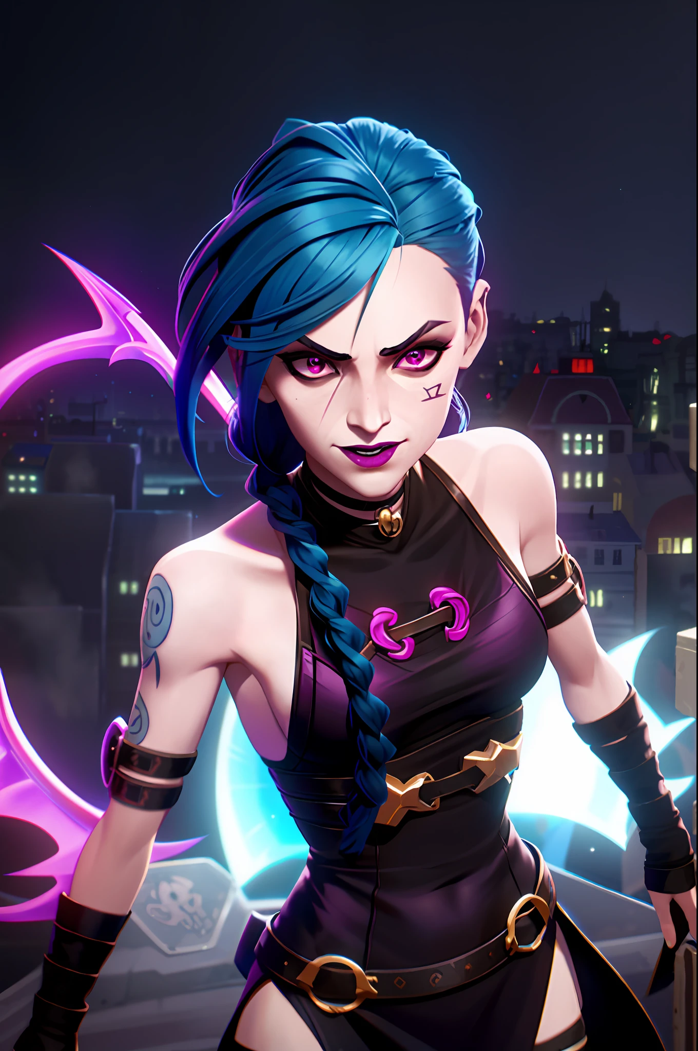 arcane style, 1girl, arm tattoo, asymmetrical bangs, bangs, blue hair, braid, small demonic horns,succubus dress, succubus, cloud tattoo, looking at the viewer, laughing, crazy, uncontrollable laughter, crazy look, night, city, green hair, long hair, diaphragm, pink eyes, red lips, shirt, solo, standing, tattoo, twin braids, upper body, arcane bad luck, Bad Luck \(League of Legends\)