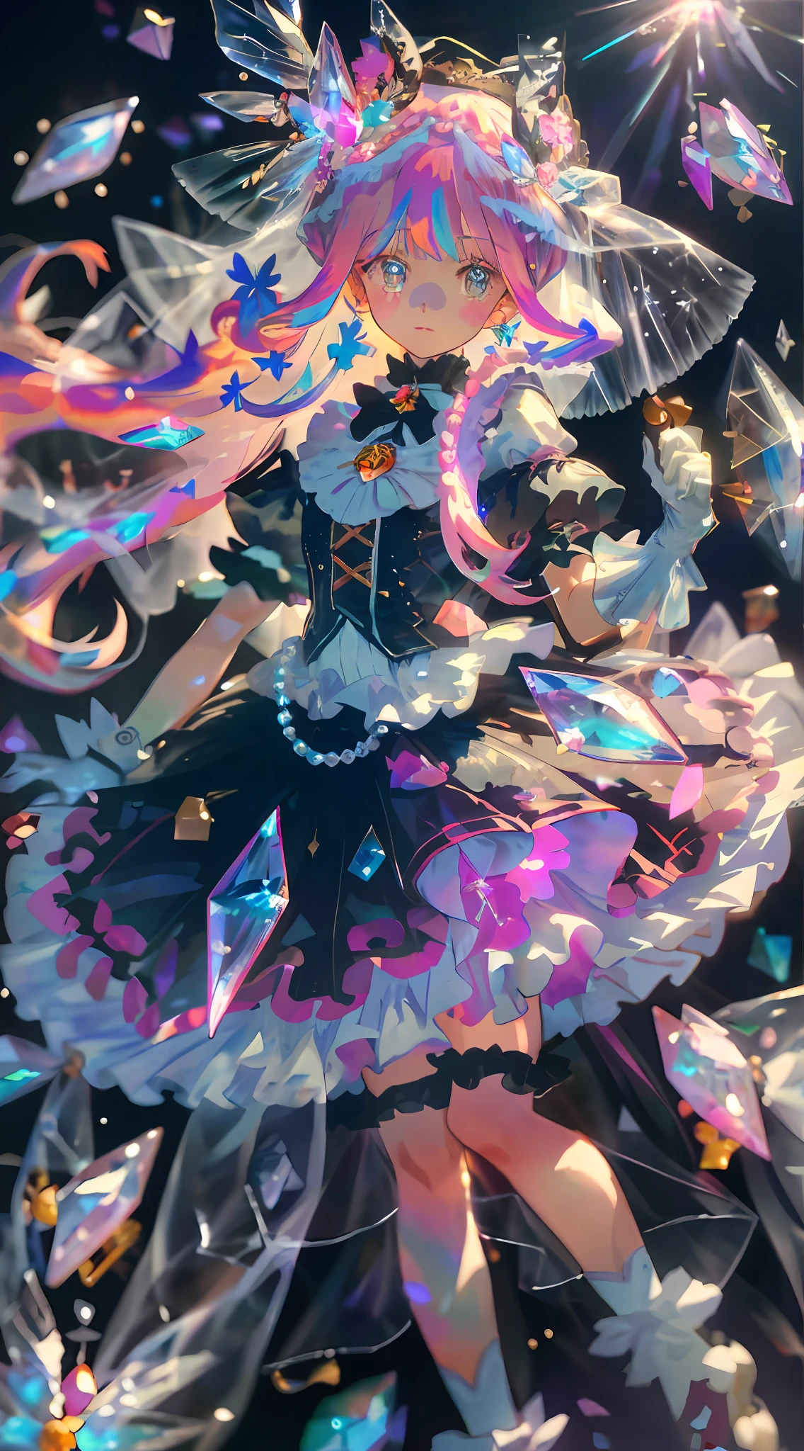 1girl, extreme detail, lolita, lolita fashion, frills, intricate and gorgeous, gloves, afternoon tea, ponette hat, curly hair, macarons, cream, colorful, gradient dye, candye, shiny crystal, shiny, light particles, dynamic pose, dramatic composition, candy hair accessories, colorful skirts, pearls, flowers, embroidery, gem-encrusted, flat chest, gauze skirt with broken diamonds, flying, jumping, veil, transparent blouse, lace gloves, delicate portrayal of face, full body, Full body, Opal-like eyes