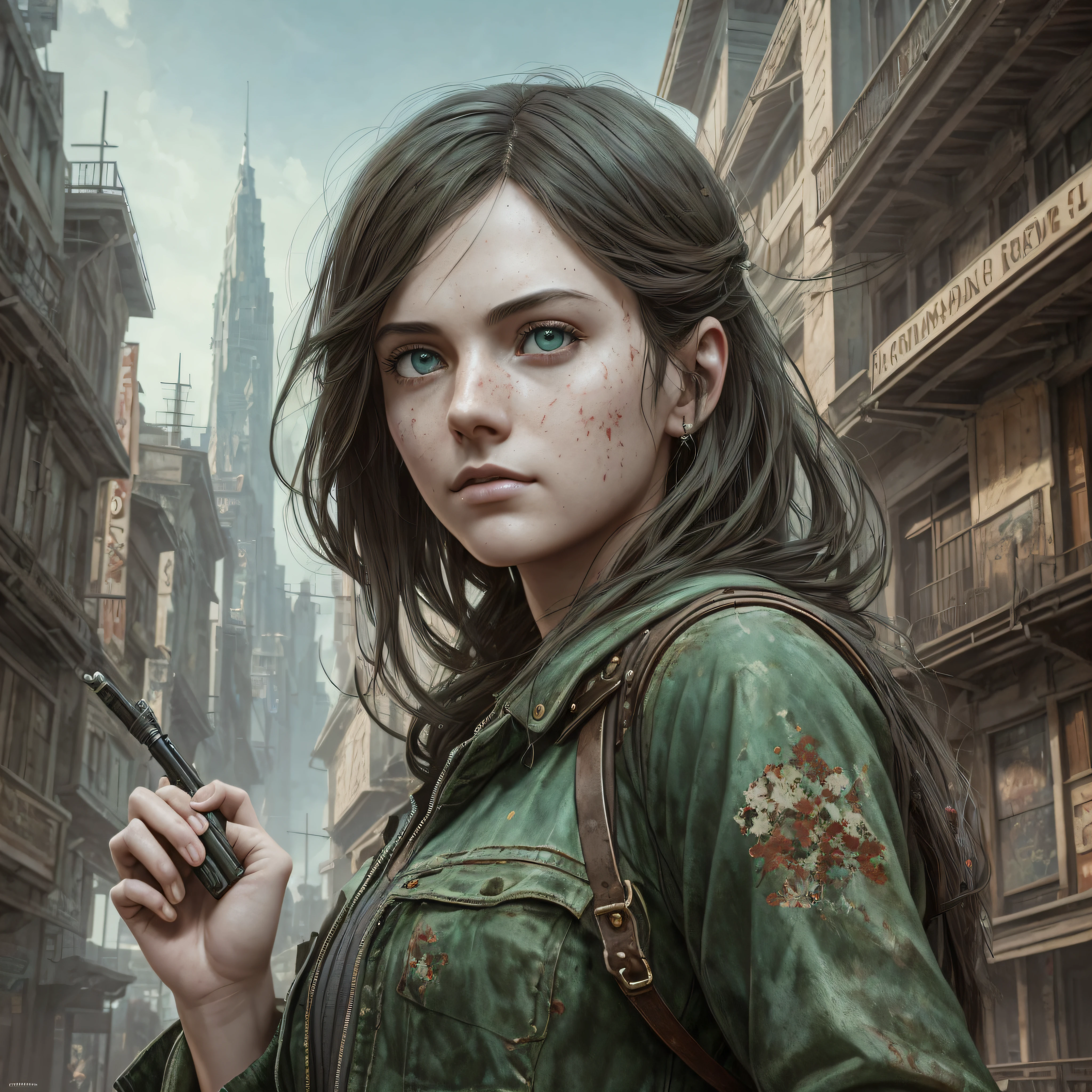 A portrait of a lonely beauty zombie girl alone in a crowd, alabaster skin, grunge suit, gangly background, dubious poses, perfect face, hyper detailed, Dead inside, green eyes, (extremely detailed CG Unity 8K wallpaper), the most beautiful artwork in the world, Atey Ghailan, in the style of Studio Ghibli, by Jeremy Mann,  Greg Manchess, Antonio Moro, Intricate, high detail, Photorealistic painting art by Midjourney and Greg Rutakowski, Matte, Bryan organ, Unity 8K CG wallpaper extremely detailed, high detail, Photorealistic painting art by Midjourney and Greg Rutakowski, Matte, Bryan organ, Unity 8K CG wallpaper extremely detailed, High detail, Photorealistic painting art by Midjourney and Greg Rutzowski,  Matte, Bryan organ, extremely detailed CG Unity 8K wallpaper, High detail, photorealistic painting art by Midjourney and Greg Rutakowski, matte, Bryan organ --auto --s2