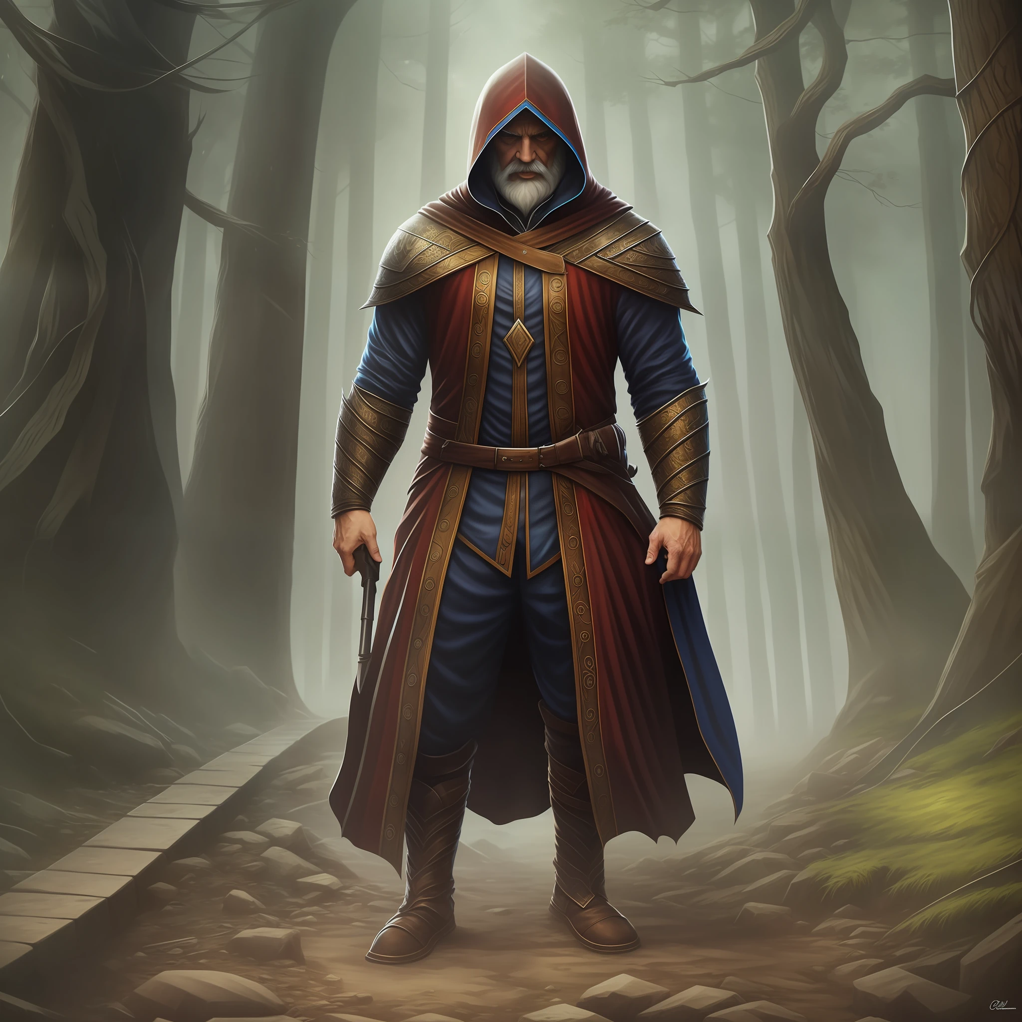 epic realistic, high-quality artwork of a oldman full body wearing a hood, background color blue --auto --s2