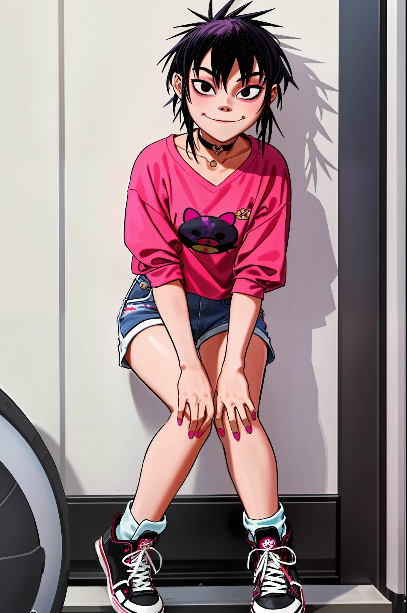 noodles (Gorillaz), masterpiece, best quality, 1girl, solo, purple hair, medium hair, black choker, looking at the viewer, bangs, basketball print, upturned nose, converse, hair over eyes, hello kitty, high tops, blush, detailed fingers, 5 fingers, sexy ass, sfw, sexy expression, seductive smile, detailed music studio background, denim shorts, small breasts, long stockings