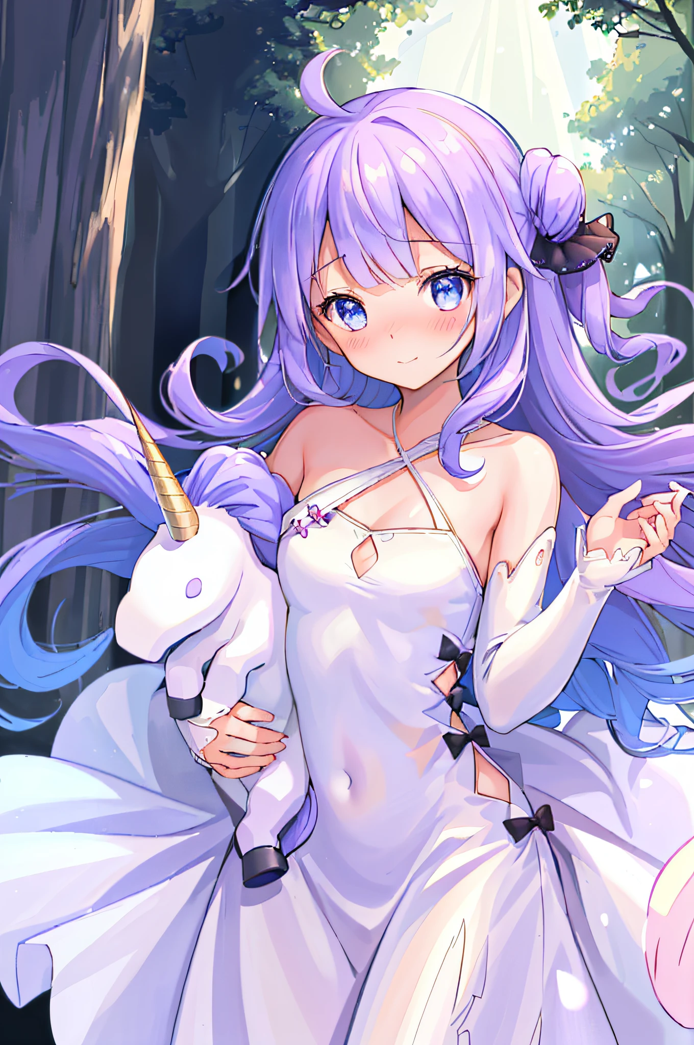 (masterpiece:1.3), (best quality:1.3), (ultra-highres:1.3), (finely detailed beautiful eyes: 1.2), 1 ***********,(slim body:1.4),unicorn-azur-lane, long hair, (white dress:1.3), looking at viewer, (embarrassed:1.4) (smile:0.8),  (upper body:1.3), (holding a tiny tiny Unicorn in her arms :1.4), in forest,