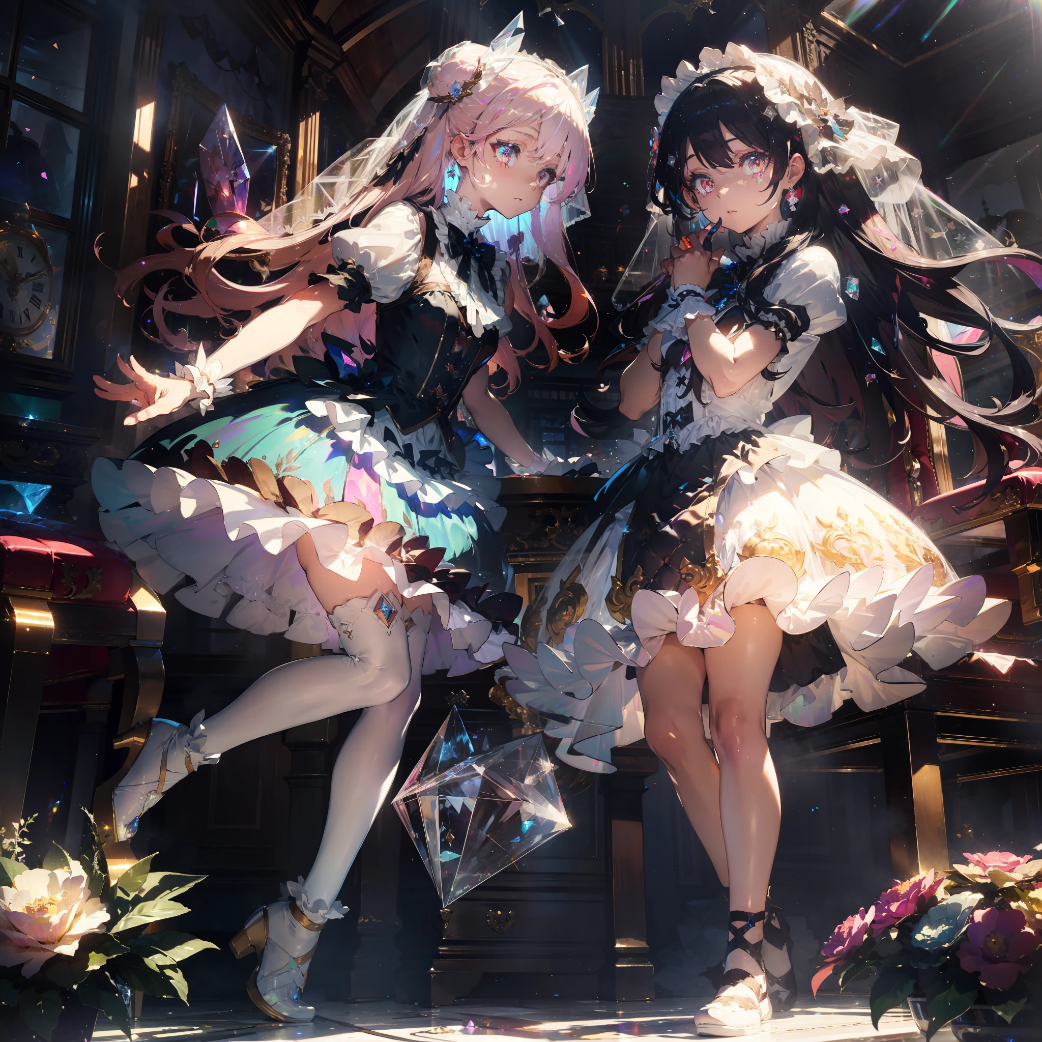 Extreme detailing, lolita, lolita fashion, frills, intricate and gorgeous, gloves, afternoon tea, ponet, curls, macarons, cream, colorful, gradient pick dye, candy, shiny, shiny, light particles, dynamic poses, dramatic compositions, candy hair accessories, colorful skirts, pearls, flowers, embroidery, gem-encrusted, flat chest, gauze dress with broken diamonds, flying, jumping, veil, transparent blouse, lace gloves, delicate depiction of face, full body, full body, Opal-like eyes, white-toned skirts, colorful whites, lasers, crystal-like skirts, diamond-like hair