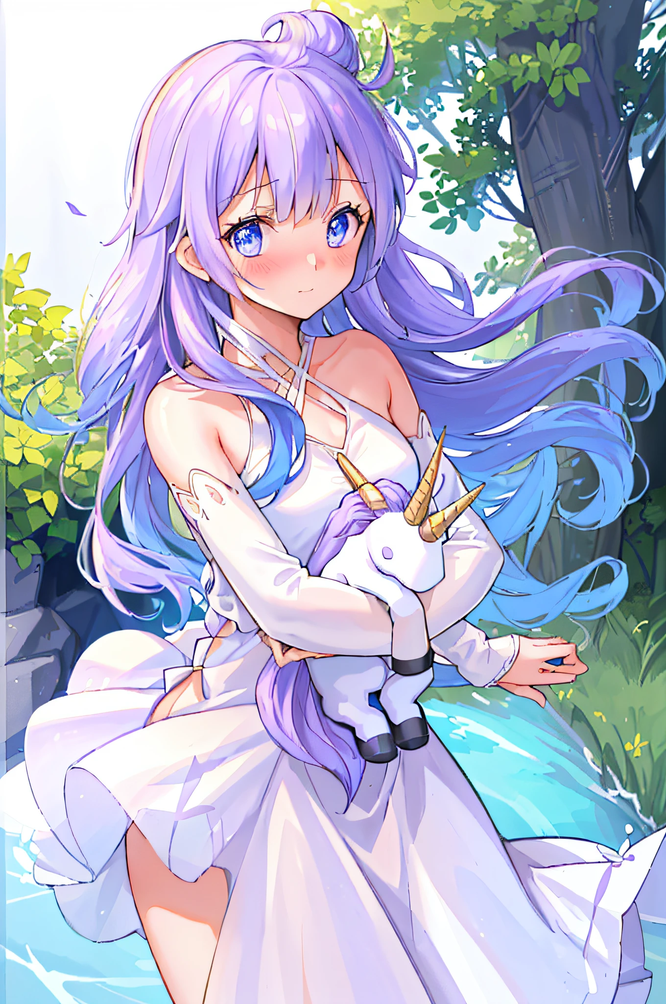 (masterpiece:1.3), (best quality:1.3), (ultra-highres:1.3), (finely detailed beautiful eyes: 1.2), 1 little girl,(slim body:1.4),unicorn-azur-lane, long hair, (white dress:1.3), looking at viewer, (embarrassed:1.4) (smile:0.8),  (upper body:1.3), (holding a tiny tiny Unicorn in her arms :1.4), in forest,