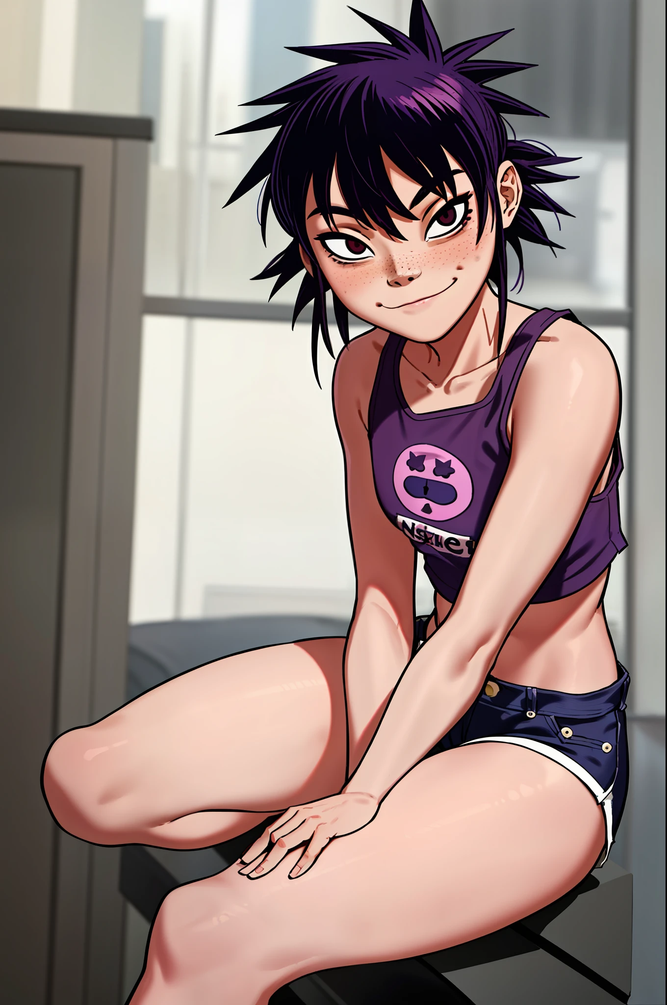 noodles (Gorillaz), masterpiece, best quality, solo, purple hair, medium hair, looking at the viewer, bangs, upturned nose, converse, eye hair, high tops, blush, detailed fingers, 5 fingers, sfw, sexy expression, seductive smile, detailed music studio background, denim shorts, small breasts, long stockings, portrait, crop top, midriff, detailed tummy, sitting, detailed between legs, freckles, makeup