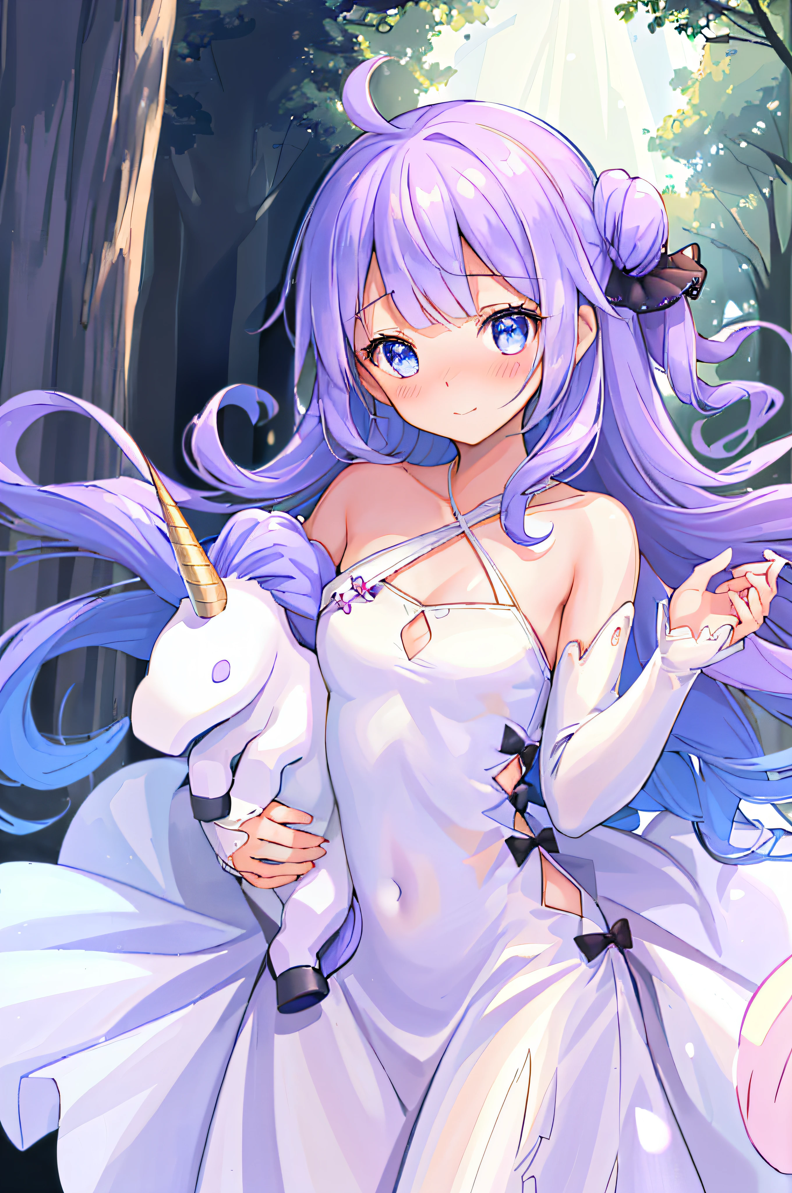 (masterpiece:1.3), (best quality:1.3), (ultra-highres:1.3), (finely detailed beautiful eyes: 1.2), 1 little girl,(slim body:1.4),unicorn-azur-lane, long hair, (white dress:1.3), looking at viewer, (embarrassed:1.4) (smile:0.8),  (upper body:1.3), (holding a tiny tiny Unicorn in her arms :1.4), in forest,