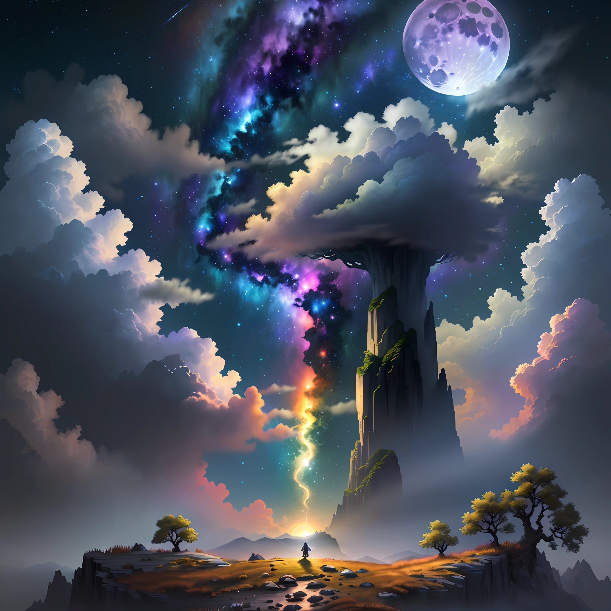 Vast landscape photos, (view of the sky and wilderness below), boys and girls standing in flower fields looking up, (Full Moon: 1.2), (Meteors: 0.9), (Nebula: 1.3), Distant Mountains, Tree Breaking Making Art, (Warm Light Source: 1.2), (Firefly: 1.2), Lights, Purple and Orange, Intricate Details, Volumetric Lighting BREAK (Masterpiece: 1.2), (Highest Quality), 4K, Super Delicate, (Dynamic configuration: 1.4), Highly detailed and colorful details (rainbow color: 1.2), (Sparkling lighting, atmospheric lighting), Dreamy, magical, (Solo: 1.2), (Ying Dragon God), (Through the clouds), (Top of the mountains), (Complex), (Super Detail), (Starry Sky Background), (Stout Limbs), (Moon Night), (Ultra Clear), (Best Quality),