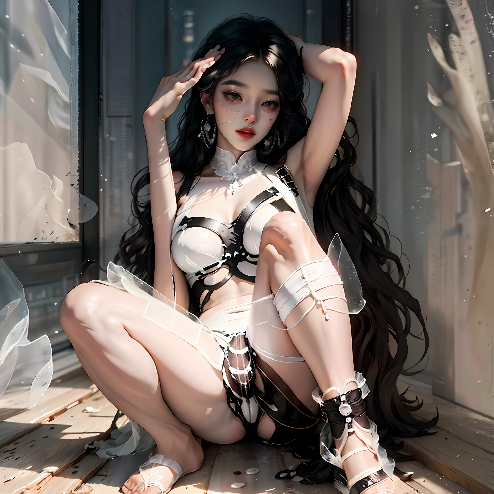 Beauty, black hair, transparent white underwear, M-shaped legs, rubbing her crotch, feeling expression --s --auto --s2