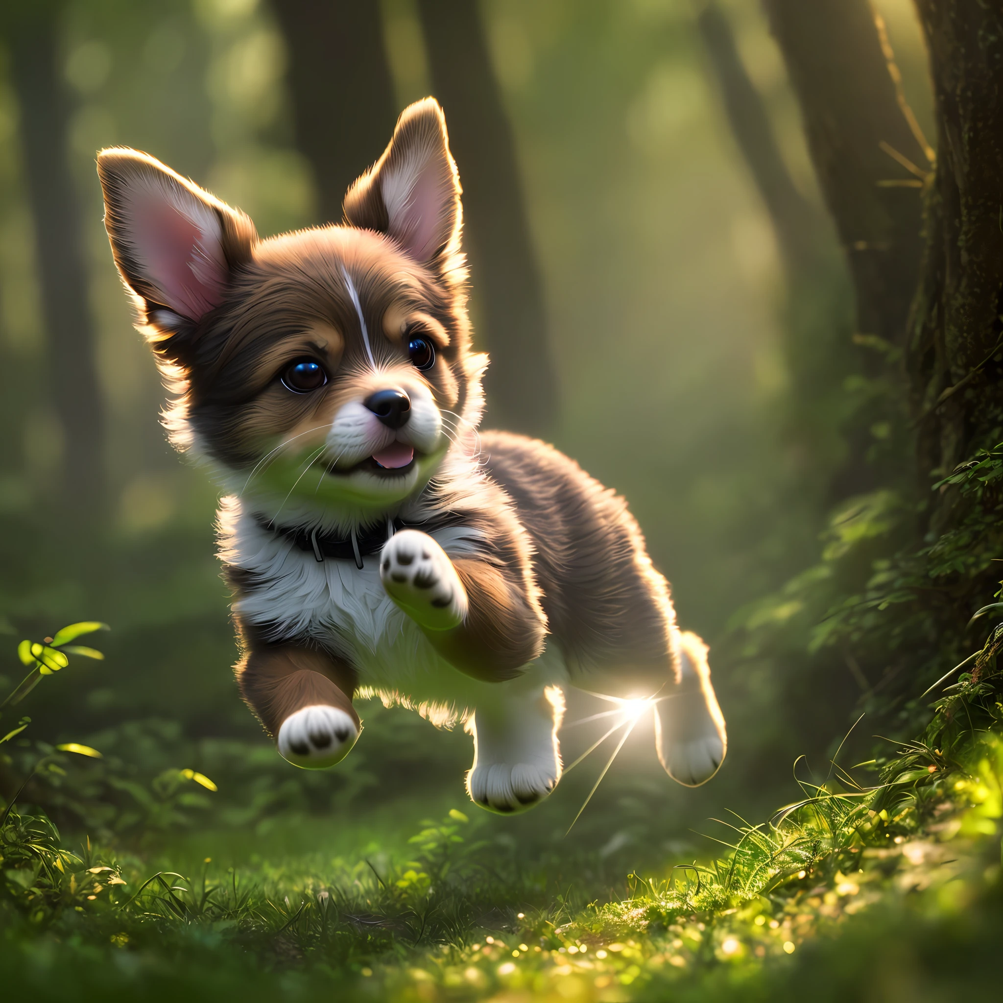 close up photo of a very cute jumping puppy in the forest, soft volumetric lights, (backlit:1.3), (cinematic:1.2), intricate details, (ArtStation:1.3), Rutkowski