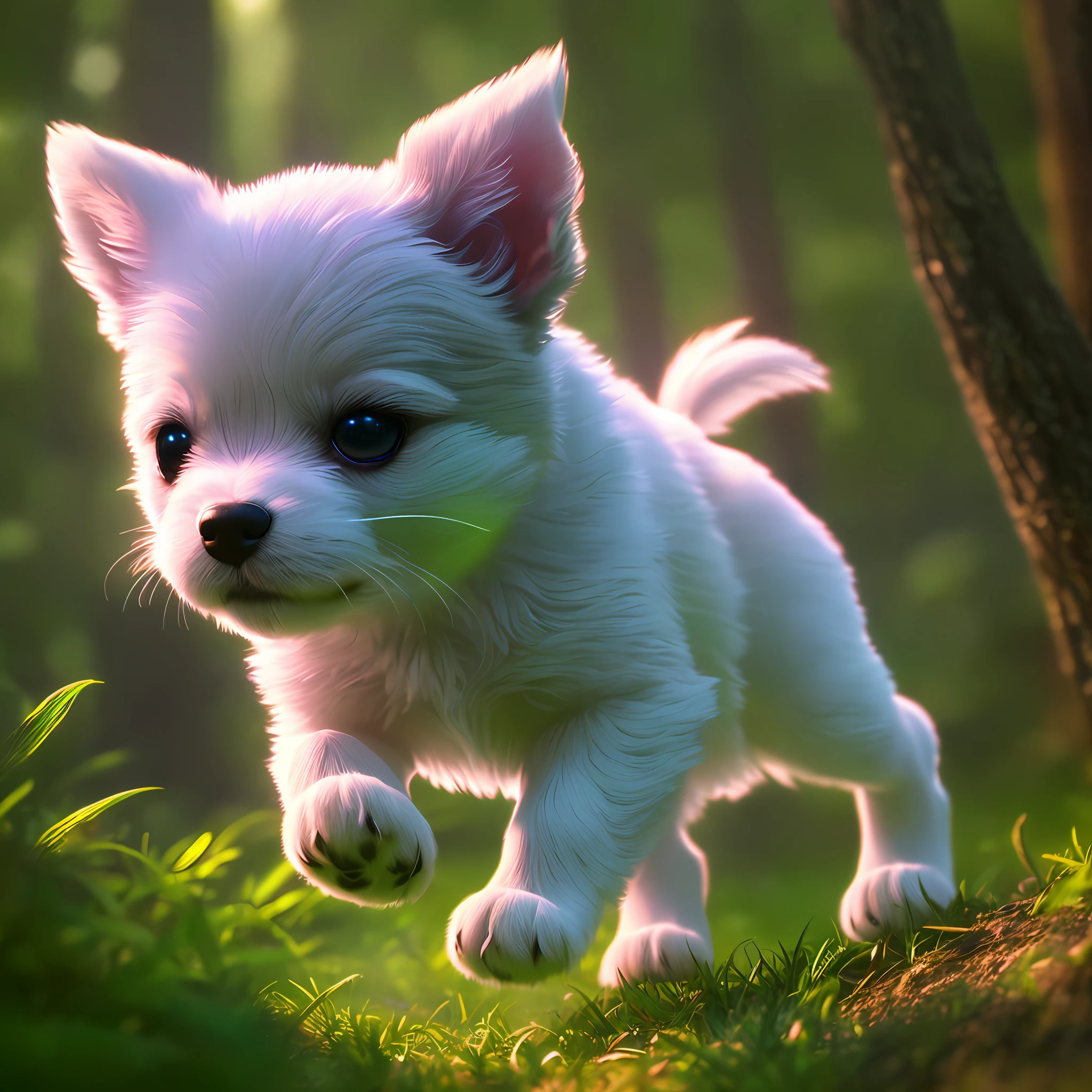 close up photo of a very cute jumping puppy in the forest, soft volumetric lights, (backlit:1.3), (cinematic:1.2), intricate details, (ArtStation:1.3), Rutkowski
