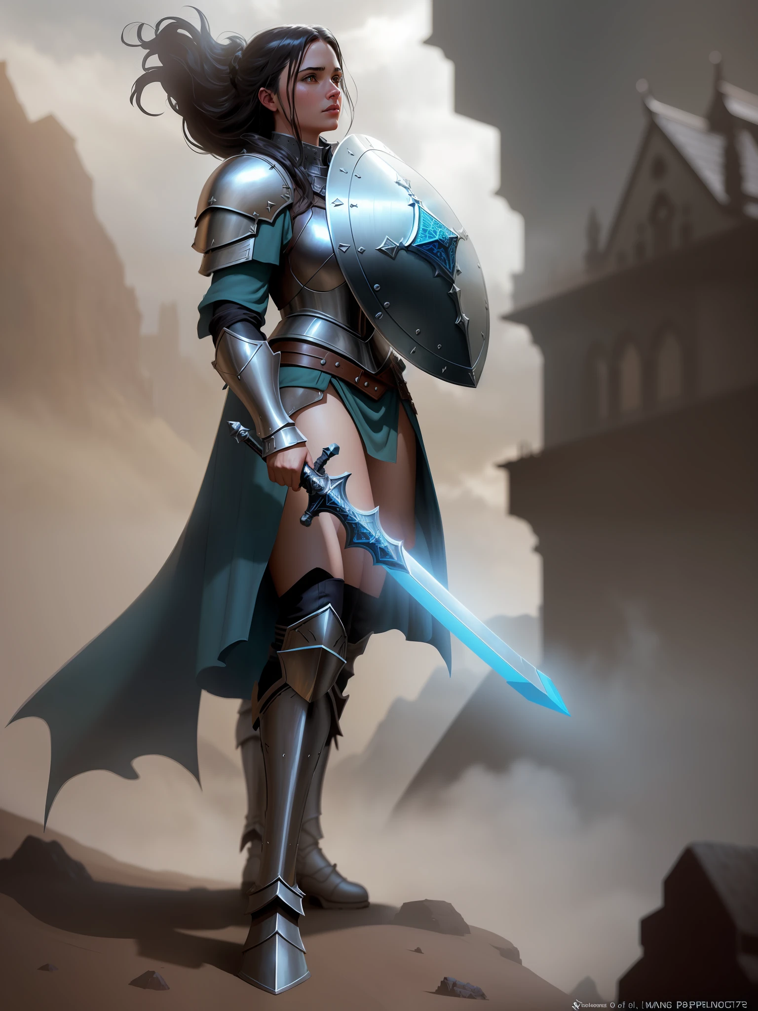cinematic composition, super-detailed, realistic, paladin girl, sword, shield, (((medieval armor: 1.7))), boots on feet, art station trends, art style of Gerald Parel, Craig Mullins, Marc Simonetti, Mike Mignola, flat illustrations Colors, Vibrant & Colorful, High Contrast, Mythology, Cinematic, Detailed, Atmospheric, Epic, Concept Art, Matte Painting, Lord of the Rings, Game of Thrones, Rays of Light, Fog, Photorealistic, Concept Art, Volumetric Light, Cinematic Epic + Rule thirds | 35mm| octane render, 8k, corona render, movie concept art, octane render, 8k,