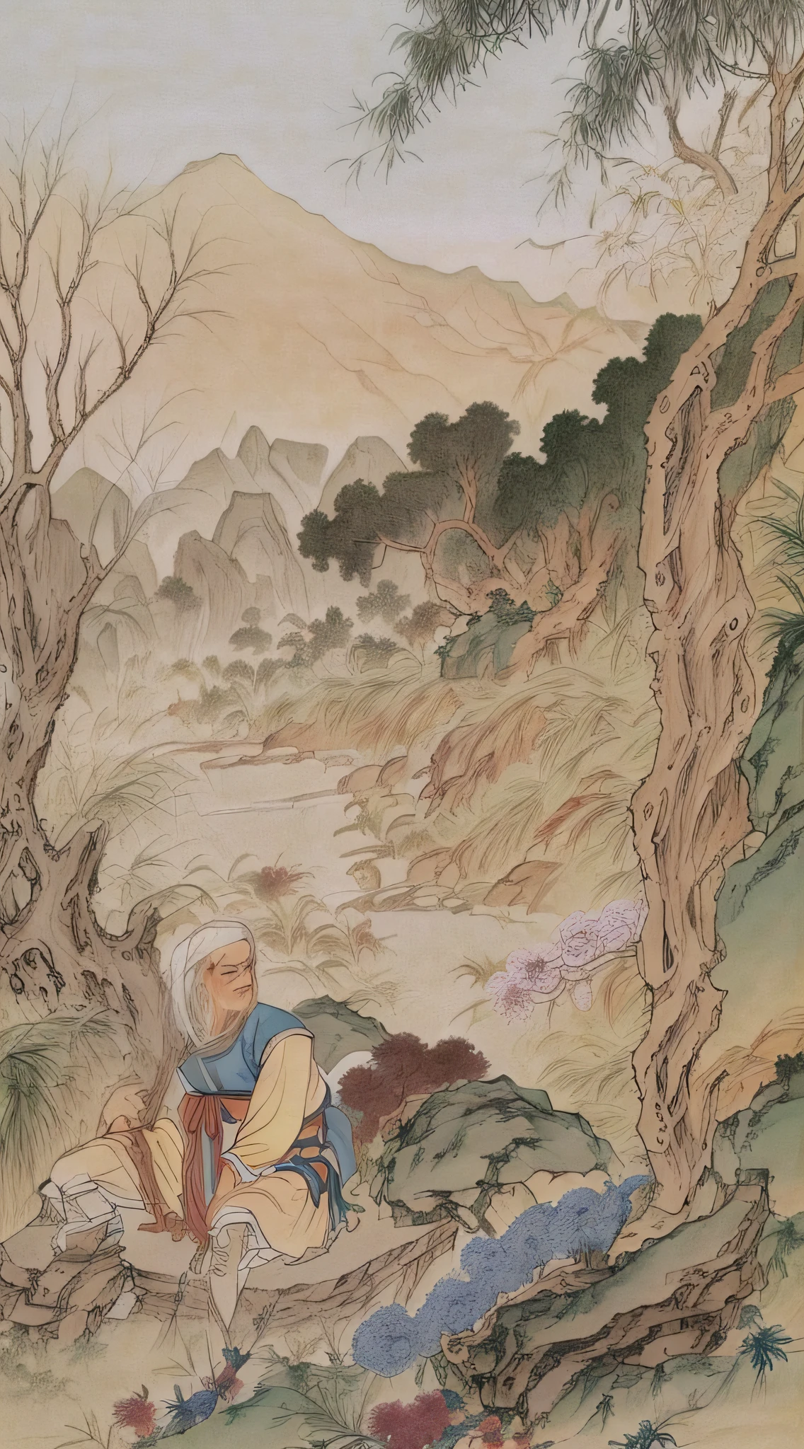 chinese painting, mountain, rock, flower, grass, river, tree, mountain in the distance, (sitting old man), (walking farmer), vanishing point, 35mm, UHD, masterpiece, ccurate, high detail, award-winning, best quality, 4K