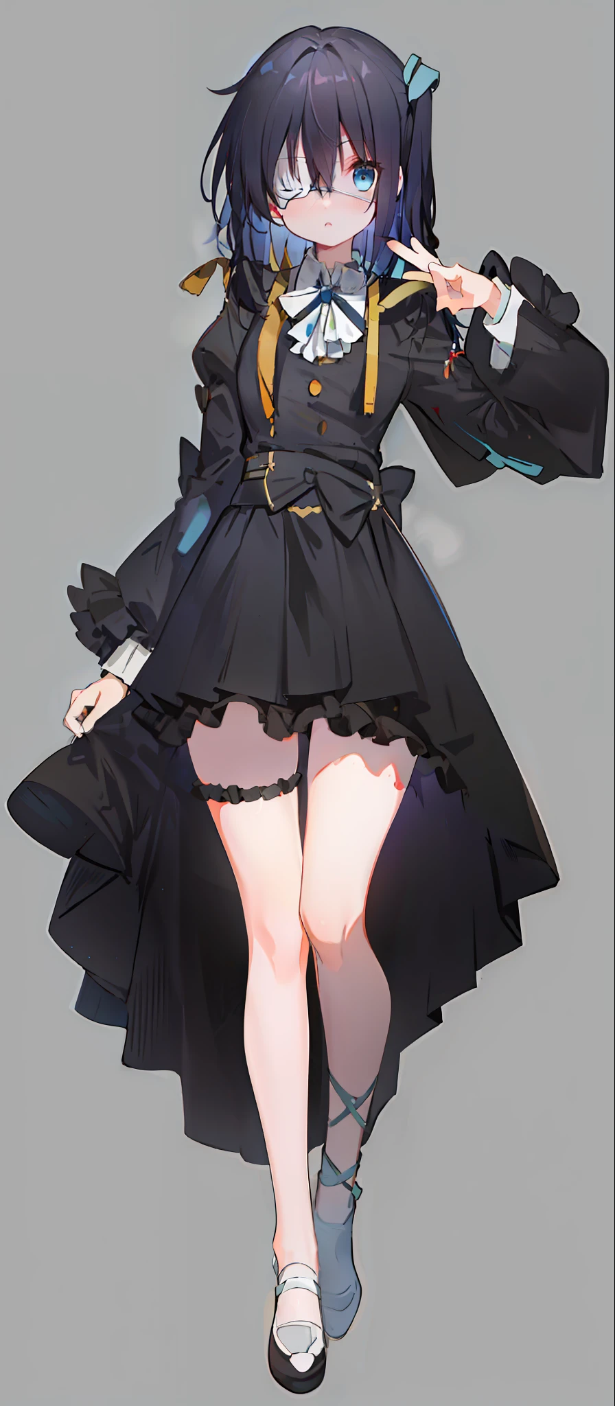 high res, masterpiece,Rikka Takanashi, black hair, solo, 1girl,outside,deatailed background, detailed eyes, ((blue eyes)), eyepatch