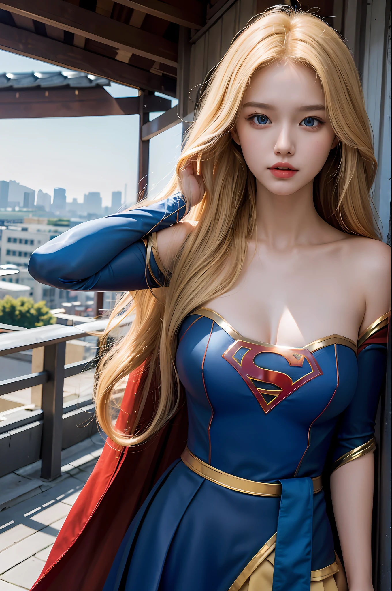 ((best quality, masterpiece, absurdress) , supergirl , 19 years old,long blonde hair, voluminous hair, loose hair, blue expressive eyes,huge breasts, supergirl wearing korean school uniform, terrace of a building, view of other buildings ,day