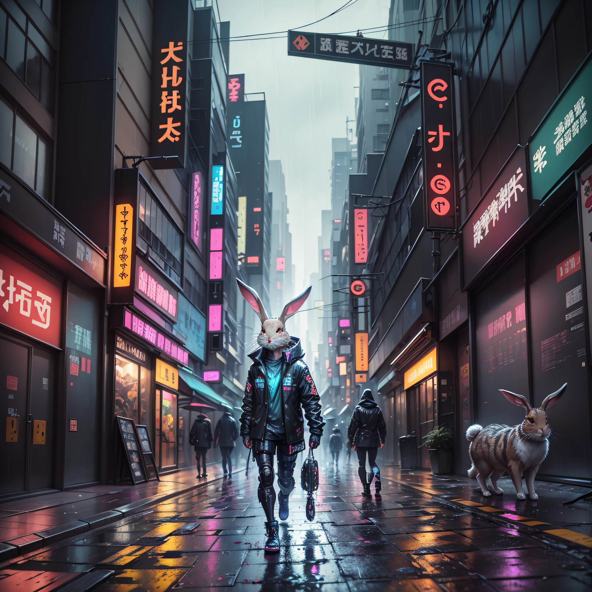 A rabbit half animal half cyborg, cyberpunk scenery, chaotic city, rain, sidewalks and wet streets, futuristic clothes, Tokyo, LED lights --auto --s2