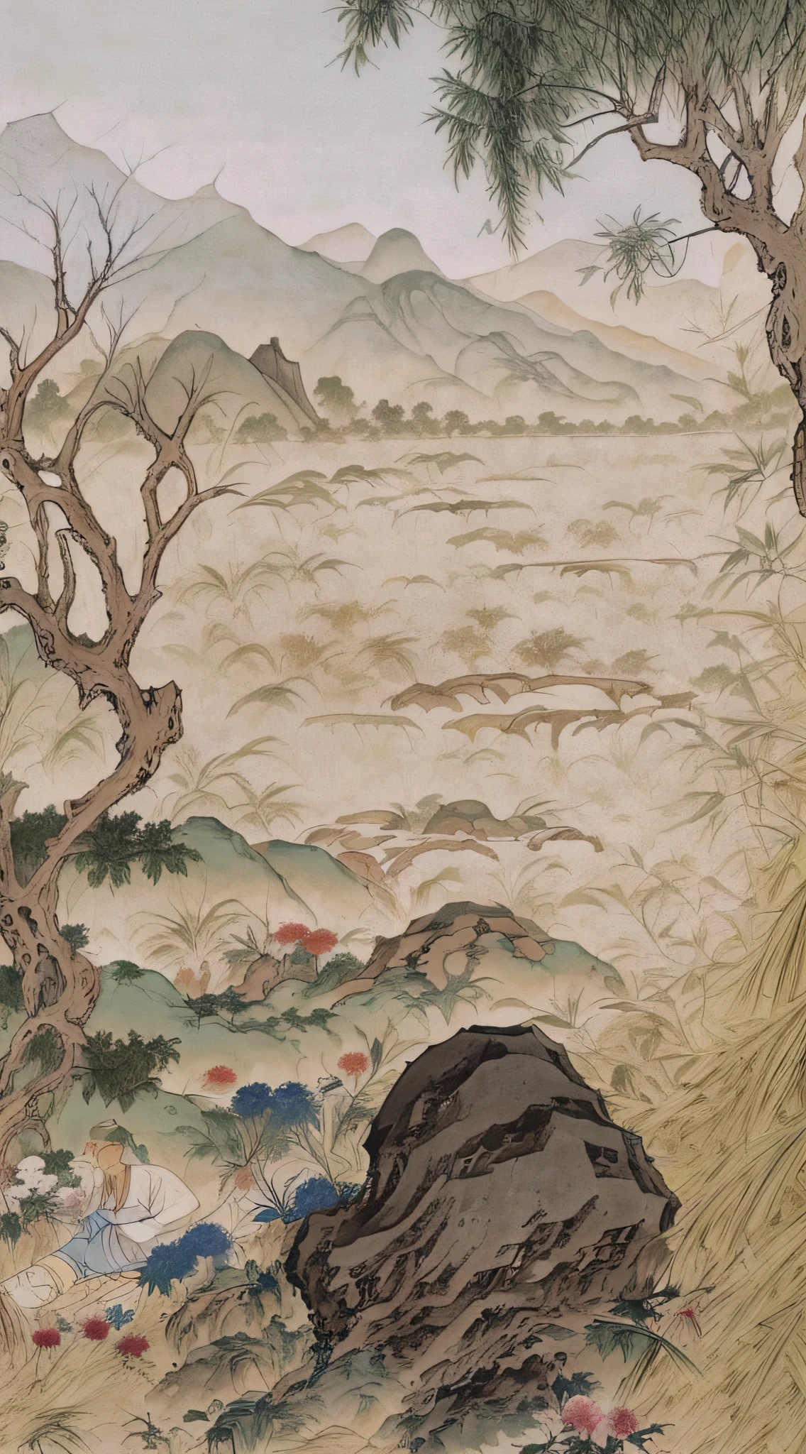chinese painting, mountain, rock, flower, grass, river, tree, mountain in the distance, (sitting old man), (walking farmer), vanishing point, 35mm, UHD, masterpiece, ccurate, high detail, award-winning, best quality, 4K