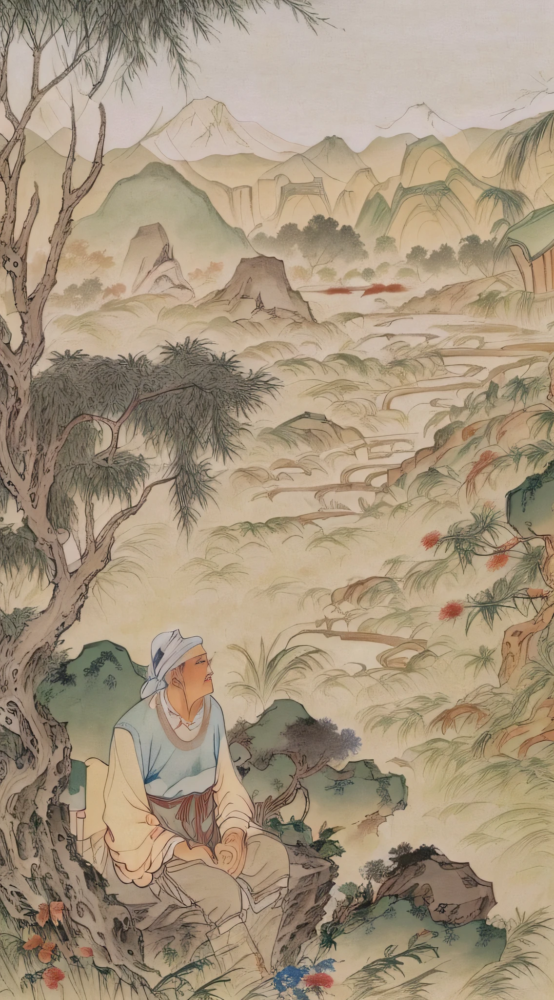 chinese painting, mountain, rock, flower, grass, river, tree, mountain in the distance, (sitting old man), (walking farmer), vanishing point, 35mm, UHD, masterpiece, ccurate, high detail, award-winning, best quality, 4K