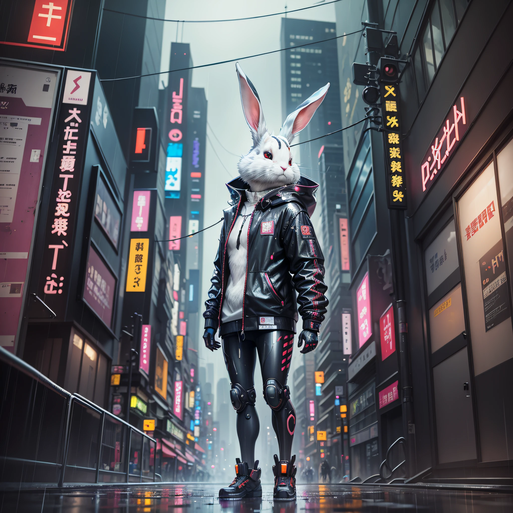 A rabbit half animal half cyborg, cyberpunk scenery, chaotic city, rain, sidewalks and wet streets, futuristic clothes, Tokyo, LED lights --auto --s2