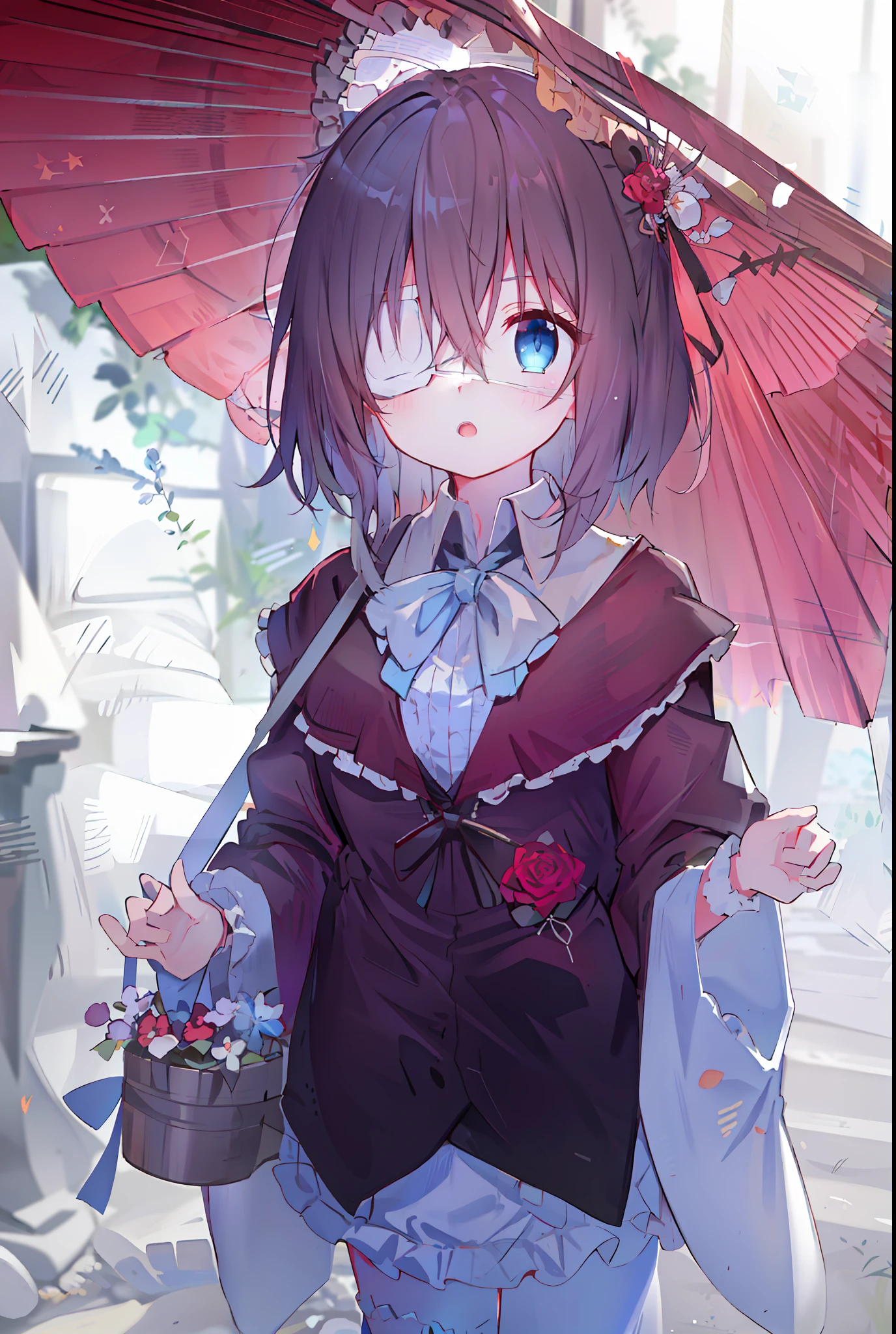 high res, masterpiece,Rikka Takanashi, black hair, solo, 1girl,outside,deatailed background, detailed eyes, ((blue eyes)), eyepatch