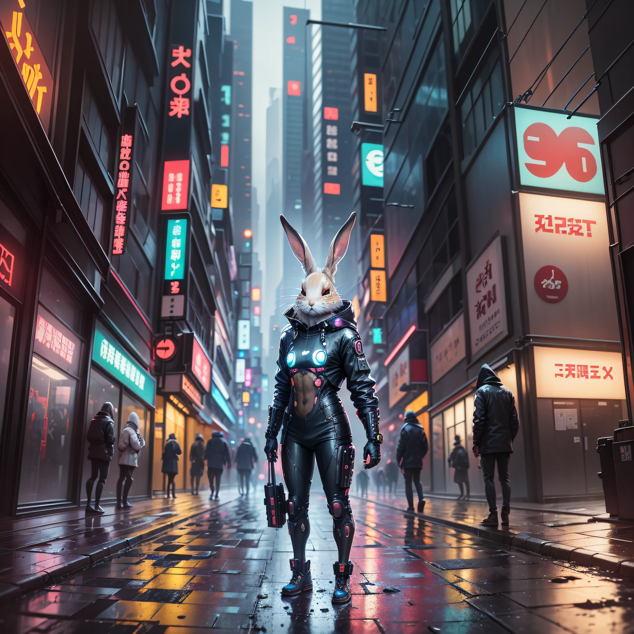 A rabbit half animal half cyborg, cyberpunk scenery, chaotic city, rain, sidewalks and wet streets, futuristic clothes, Tokyo, LED lights --auto --s2