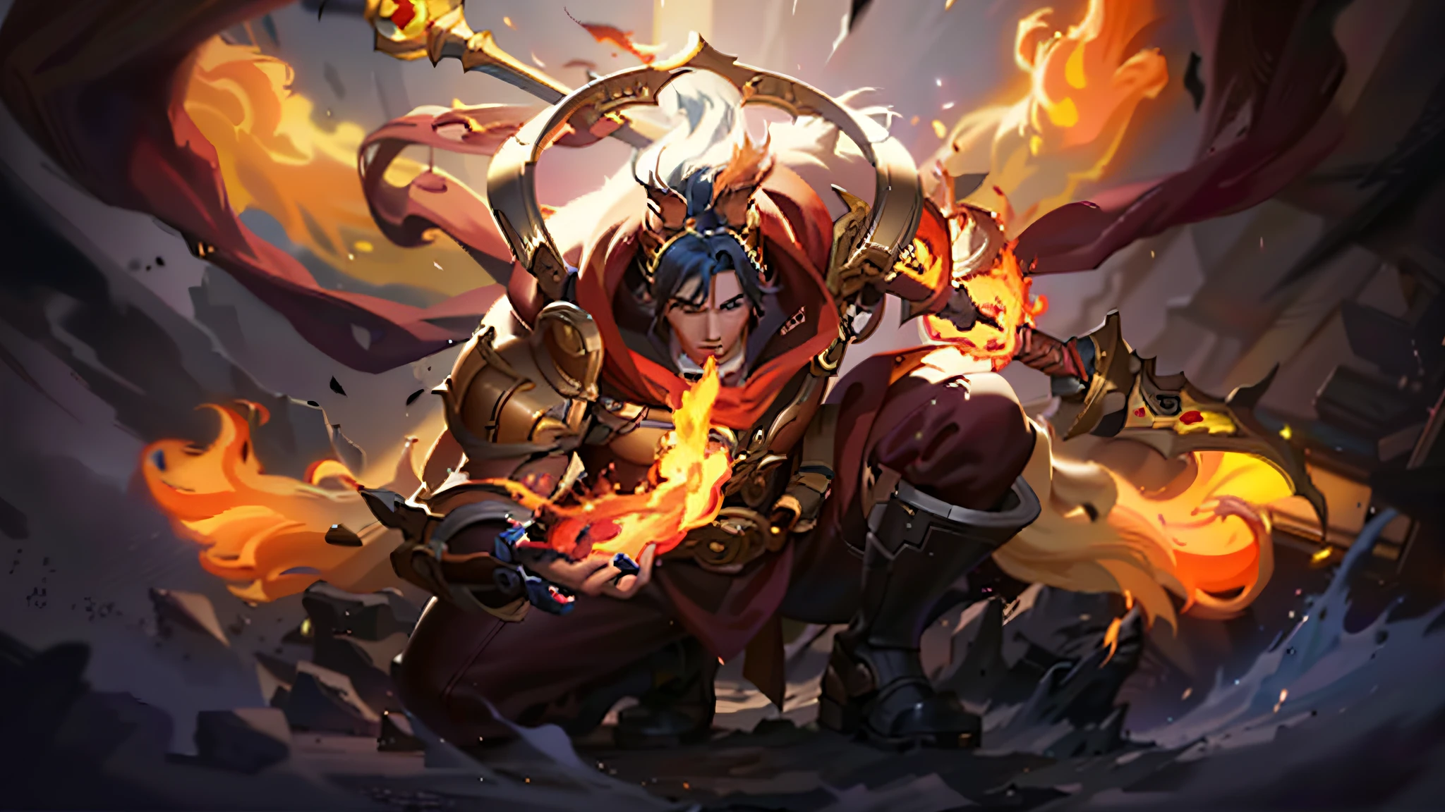 a close up of a person with a fire on a fireball, splash art, iconic character splash art, official splash art, league of legends splash art, league of legends art, league of legends splashart, league of legends character art, character splash art, league of legends style art, league of legends character, league of legends art style, wukong