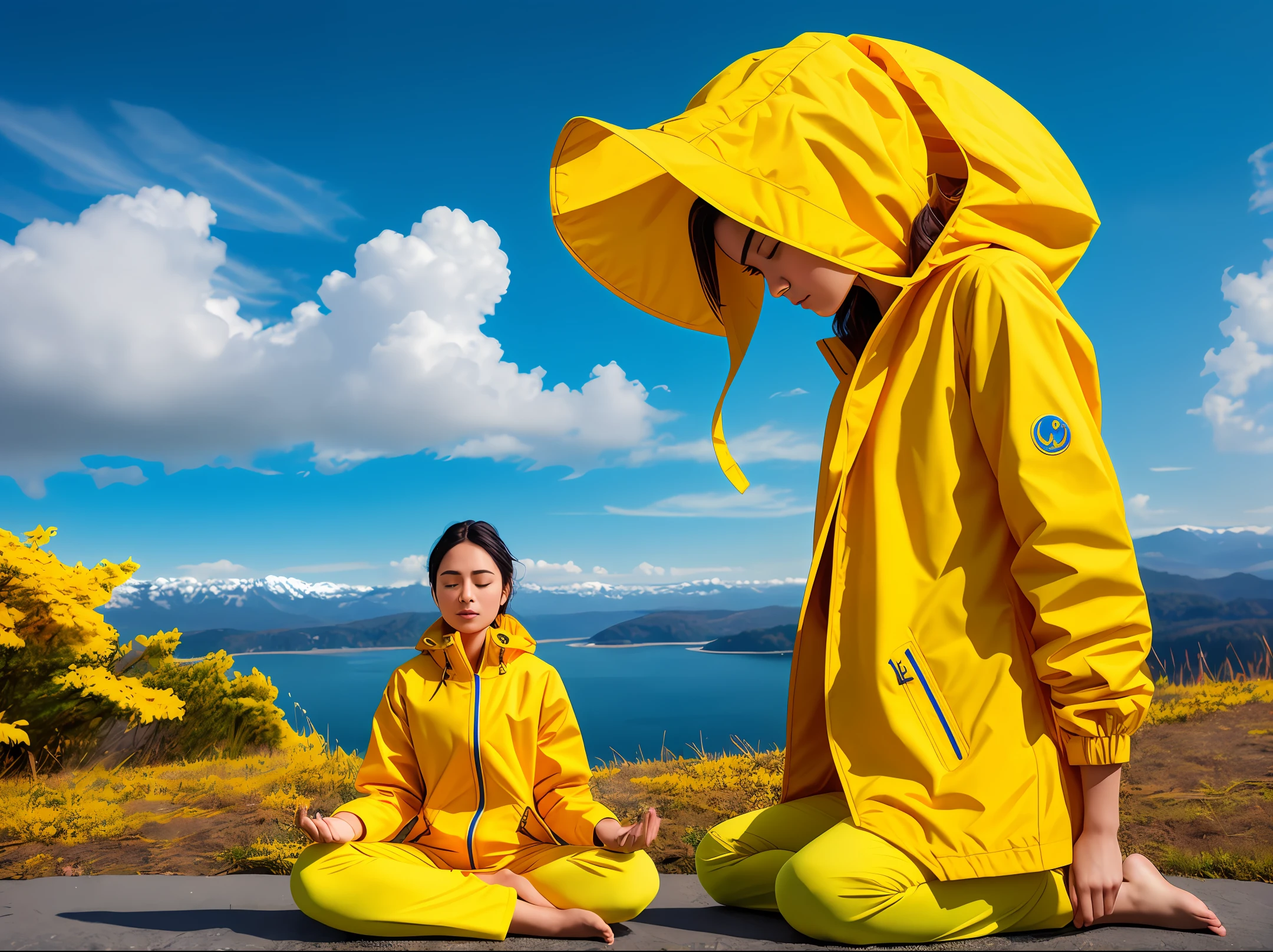 generatean animal in yellow coat, yoga posture, meditation atmosphere, calm scene, windy, 8k resolution