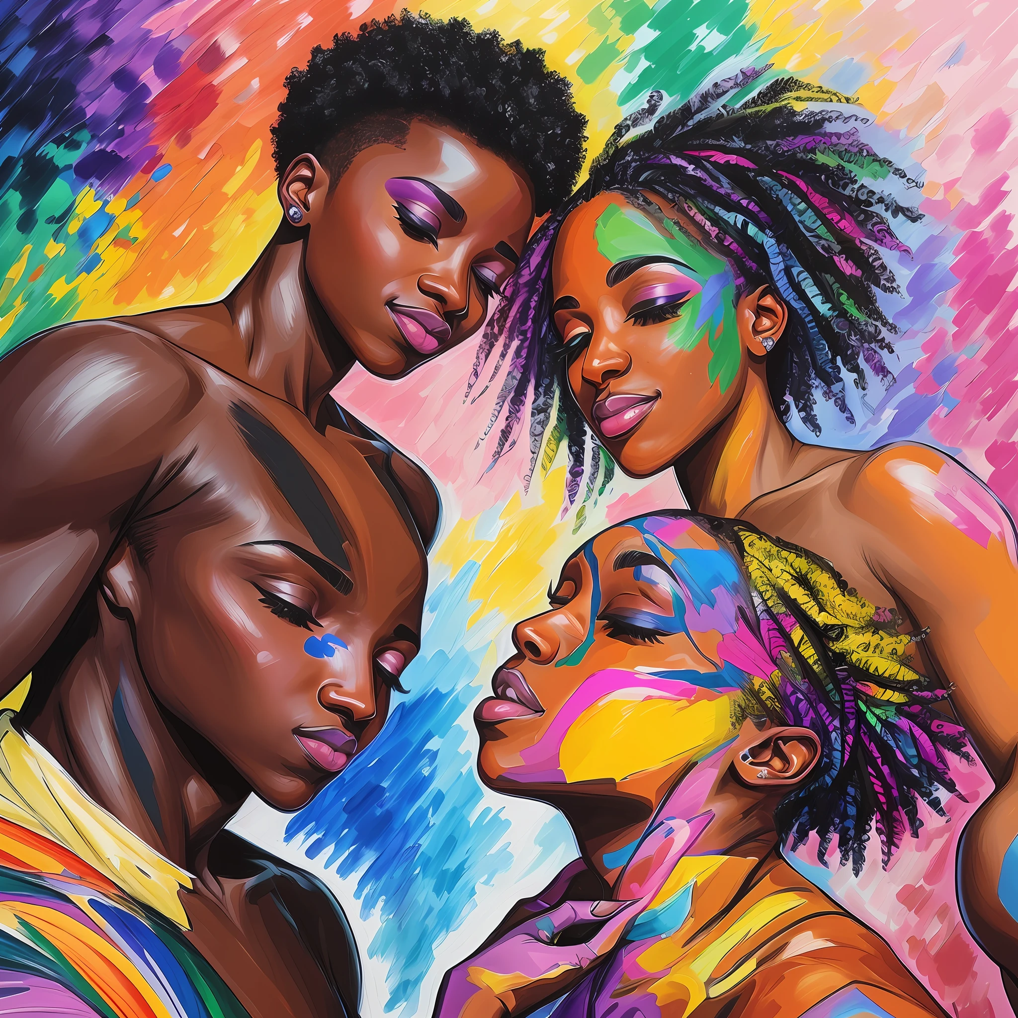 Illustrate a realist piece that portrays the gender spectrum for lgbtq black love, capturing their resilience, courage, and self-discovery as they navigate and embrace their true selves. using the brushstrokes technique. breaking free from traditional gender norms , separate the images, and musculine feminine, fluid gender