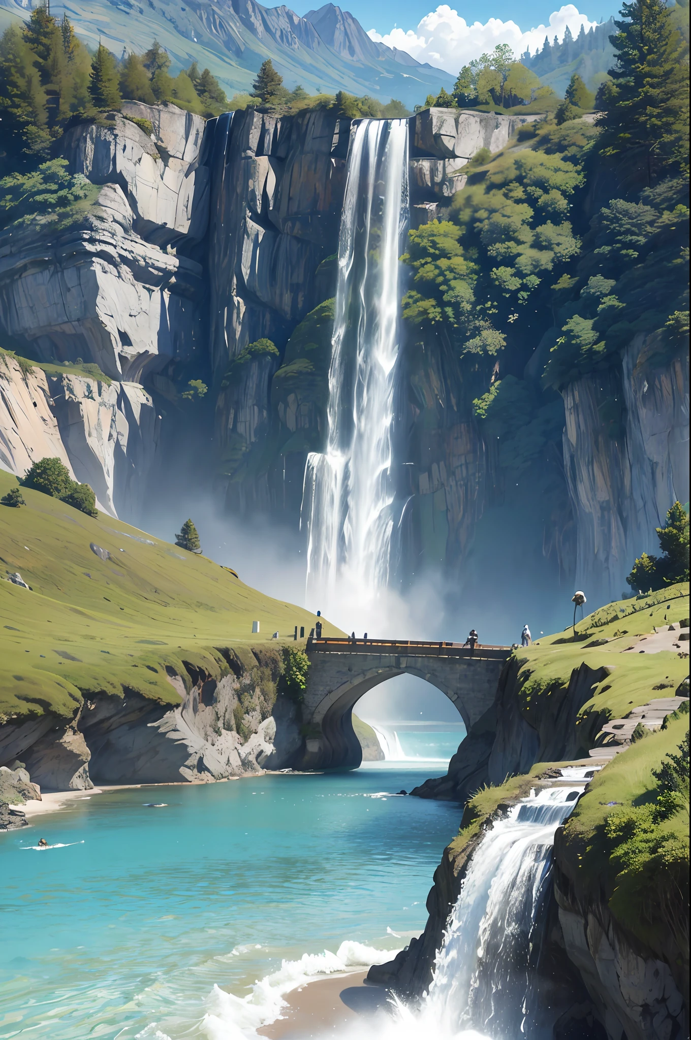 masterpiece, best quality, high quality, extremely detailed CG unity 8k wallpaper, scenery, outdoors, sky, cloud, day, no humans, mountain, landscape, water, tree, blue sky, waterfall, cliff, nature, lake, river, cloudy sky,award winning photography, Bokeh, Depth of Field, HDR, bloom, Chromatic Aberration ,Photorealistic,extremely detailed, trending on artstation, trending on CGsociety, Intricate, High Detail, dramatic, art by midjourney