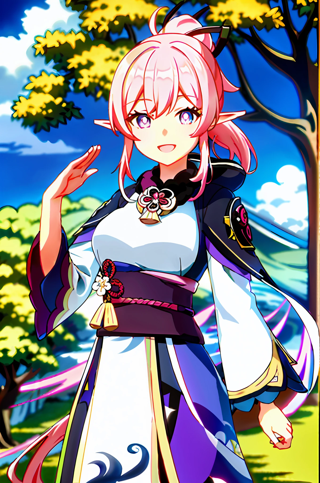 masterpiece, best quality, 1girl, solo, upper body, genshin impact, 1girl, elf ears, branch, large breasts, open mouth, elysia, huge breasts, large breasts, massive breasts, elysia (Honkai Impact), jewelry, long hair, ponytail, blunt bangs, looking at viewer, ear cuffs, breasts, big smile, long traditional kimono, pink and white kimono, blue eyes, blue irises, pink pupils, blue military cloak, military shawl, cowl, cloak, shawl, outdoors, pink hair, blue eyes, pink pupils, pink pupils, blue eyes, pink pupils, long sleeves, Japanese, Inazuma, big sleeves, loose sleeves, sidelocks, smile, solo, dynamic pose, genshin, waving