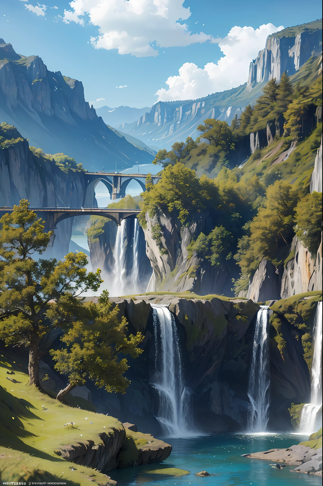 masterpiece, best quality, high quality, extremely detailed CG unity 8k wallpaper, scenery, outdoors, sky, cloud, day, no humans, mountain, landscape, water, tree, blue sky, waterfall, cliff, nature, lake, river, cloudy sky,award winning photography, Bokeh, Depth of Field, HDR, bloom, Chromatic Aberration ,Photorealistic,extremely detailed, trending on artstation, trending on CGsociety, Intricate, High Detail, dramatic, art by midjourney