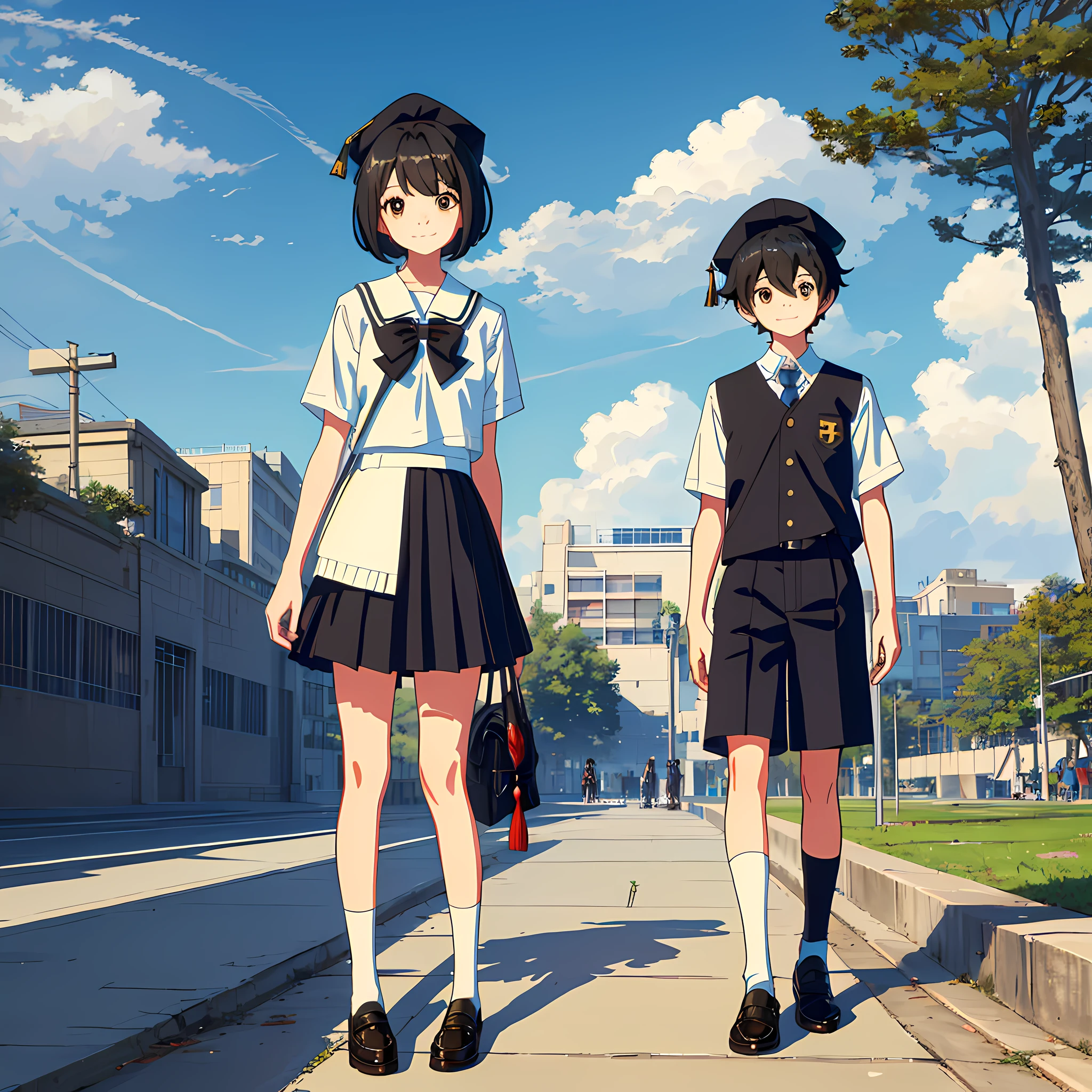 masterpiece, best quality, school, graduation, (:3:1.5), 1 boy, brown eyes, , black hair, , full body, hat, short hair, happy, looking at viewer, sunny, shoes, standing, solo, sky, uniform, graduation day
