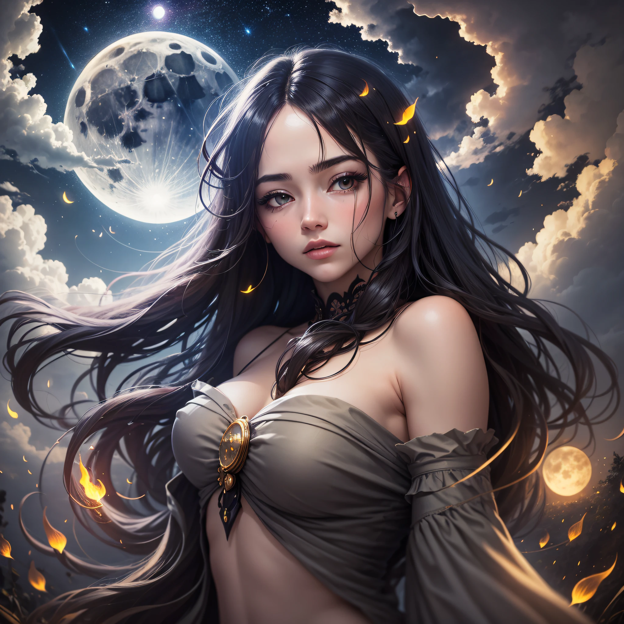 masterpiece, best quality, night, hill, clouds, full moon, long hair, woman, silhouette, fireflies,diaphragm. --auto --s2