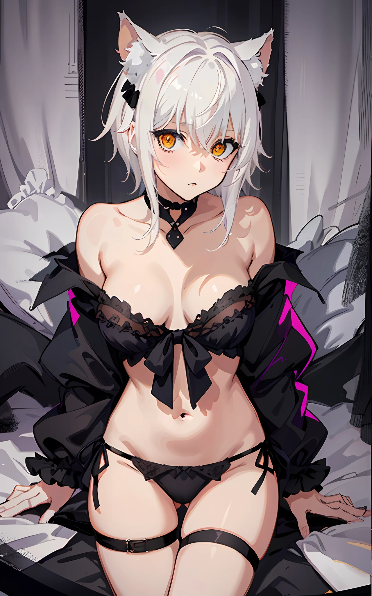 black negligee, black panties, thong, collarbone, masterpiece, best quality, highres, dark persona, watercolor painting theme, (looking at the viewer: 1.1), wide hips, big ass, tojou koneko, yellow eyes, white hair, short hair, cat ears, striped shirt, black ribbon around the neck, erotica