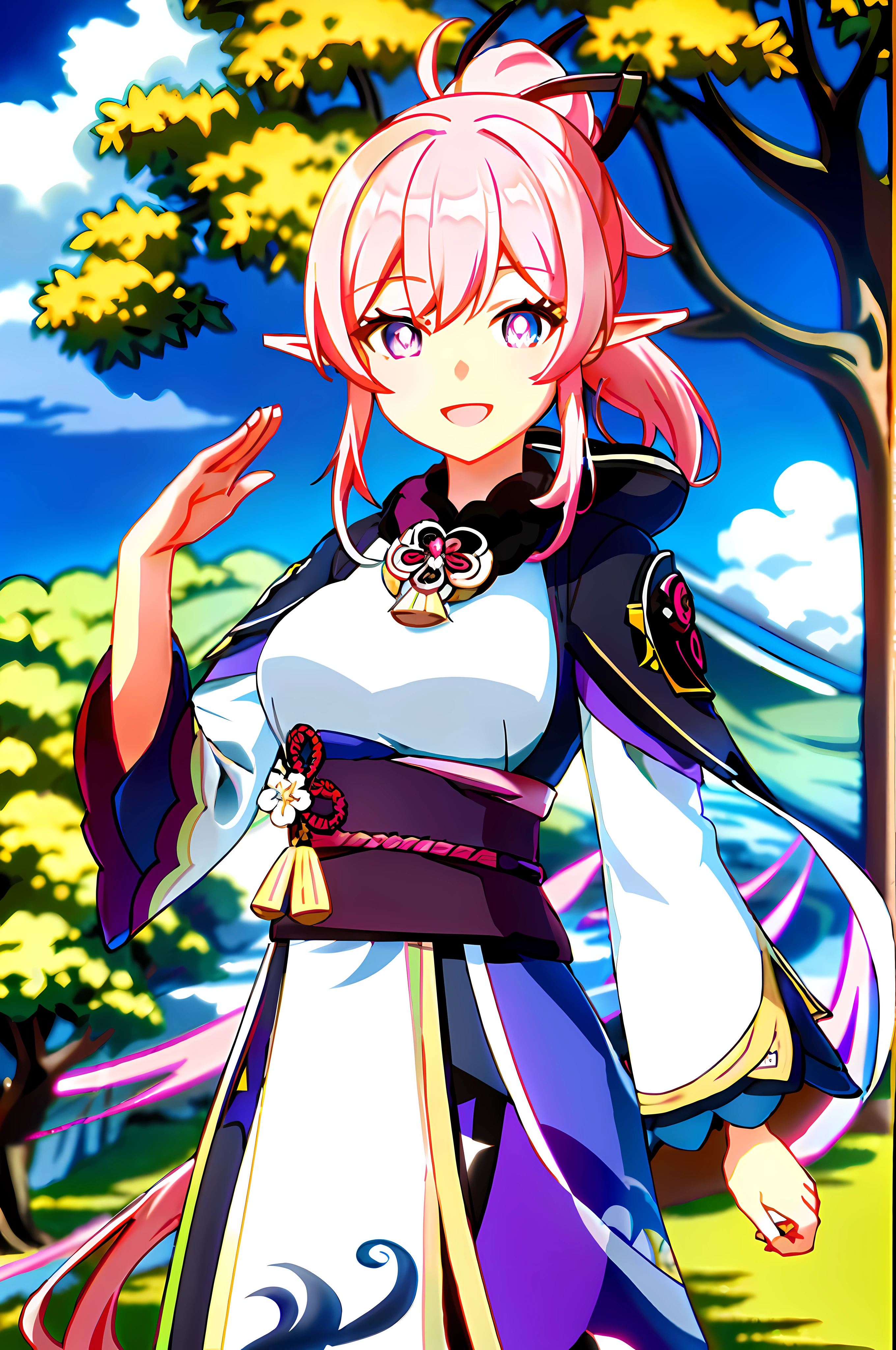 masterpiece, best quality, 1girl, solo, upper body, genshin impact, 1girl, elf ears, branch, large breasts, open mouth, elysia, huge breasts, large breasts, massive breasts, elysia (Honkai Impact), jewelry, long hair, ponytail, blunt bangs, looking at viewer, ear cuffs, breasts, big smile, long traditional kimono, pink and white kimono, blue eyes, blue irises, pink pupils, blue military cloak, military shawl, cowl, cloak, shawl, outdoors, pink hair, blue eyes, pink pupils, pink pupils, blue eyes, pink pupils, long sleeves, Japanese, Inazuma, big sleeves, loose sleeves, sidelocks, smile, solo, dynamic pose, genshin, waving
