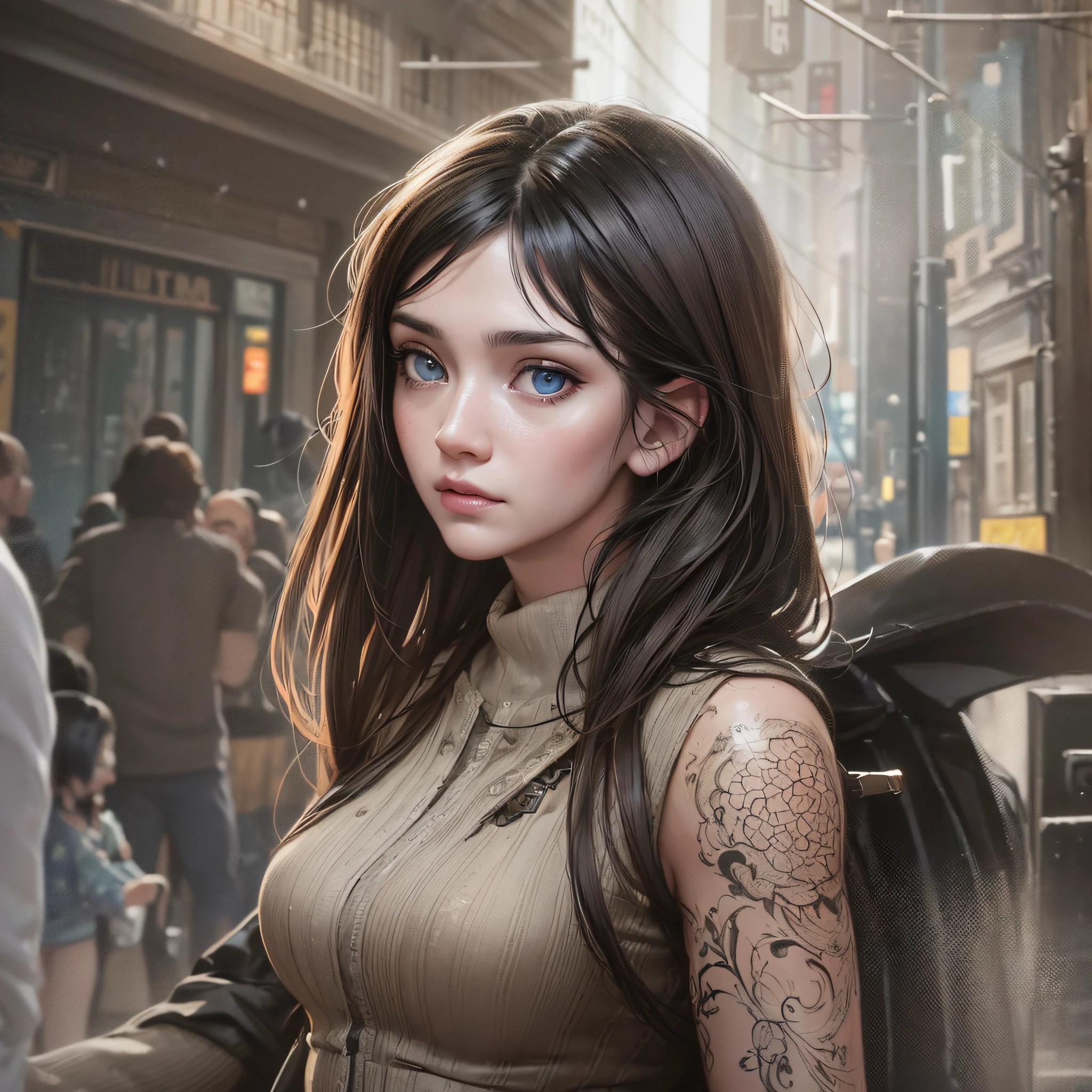 A portrait of a lonely beauty zombie girl alone in a crowd, alabaster skin, grunge suit, gangly background, dubious poses, perfect face, hyper detailed, Dead inside, blue eyes, (extremely detailed CG Unity 8K wallpaper), the most beautiful artwork in the world, Atey Ghailan, in the style of Studio Ghibli, by Jeremy Mann, Greg Manchess, Antonio Moro, Intricate, high detail, Photorealistic painting art by Midjourney and Greg Rutakowski, Matte, Bryan organ, Unity 8K CG wallpaper extremely detailed, high detail, Photorealistic painting art by Midjourney and Greg Rutakowski, Matte, Bryan organ, Unity 8K CG wallpaper extremely detailed, High detail, Photorealistic painting art by Midjourney and Greg Rutzowski, Matte, Bryan organ, extremely detailed CG Unity 8K wallpaper, High detail, photorealistic painting art by Midjourney and Greg Rutakowski, matte, Bryan organ --auto --s2