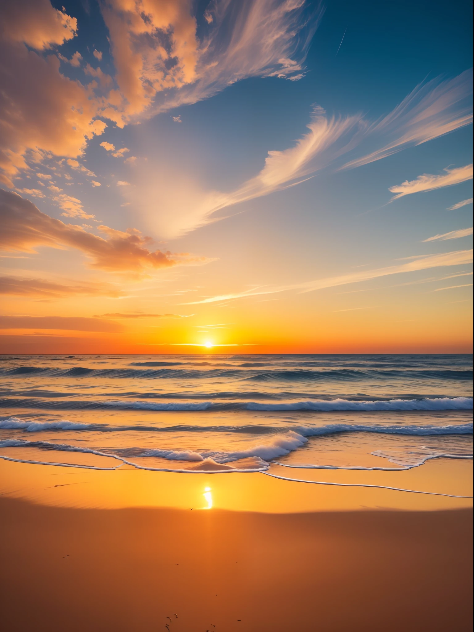 A stunning sunset on a deserted beach, where the orange rays of the sun stretch across the horizon, painting the sky in soft orange and pink hues. The golden sand glows in the soft sunlight, reflecting off the small puddles of water left by the low tide. The waves of the sea break gently on the shore, spreading a salty mist in the air. In the distance, a row of palm trees tilts gently under the sea breeze, creating a picturesque silhouette against the burning sky. The scene is illuminated with a soft golden light, which bathes everything in a warm and tranquil aura. Realistic photography, wide-angle lens, natural lighting --auto --s2