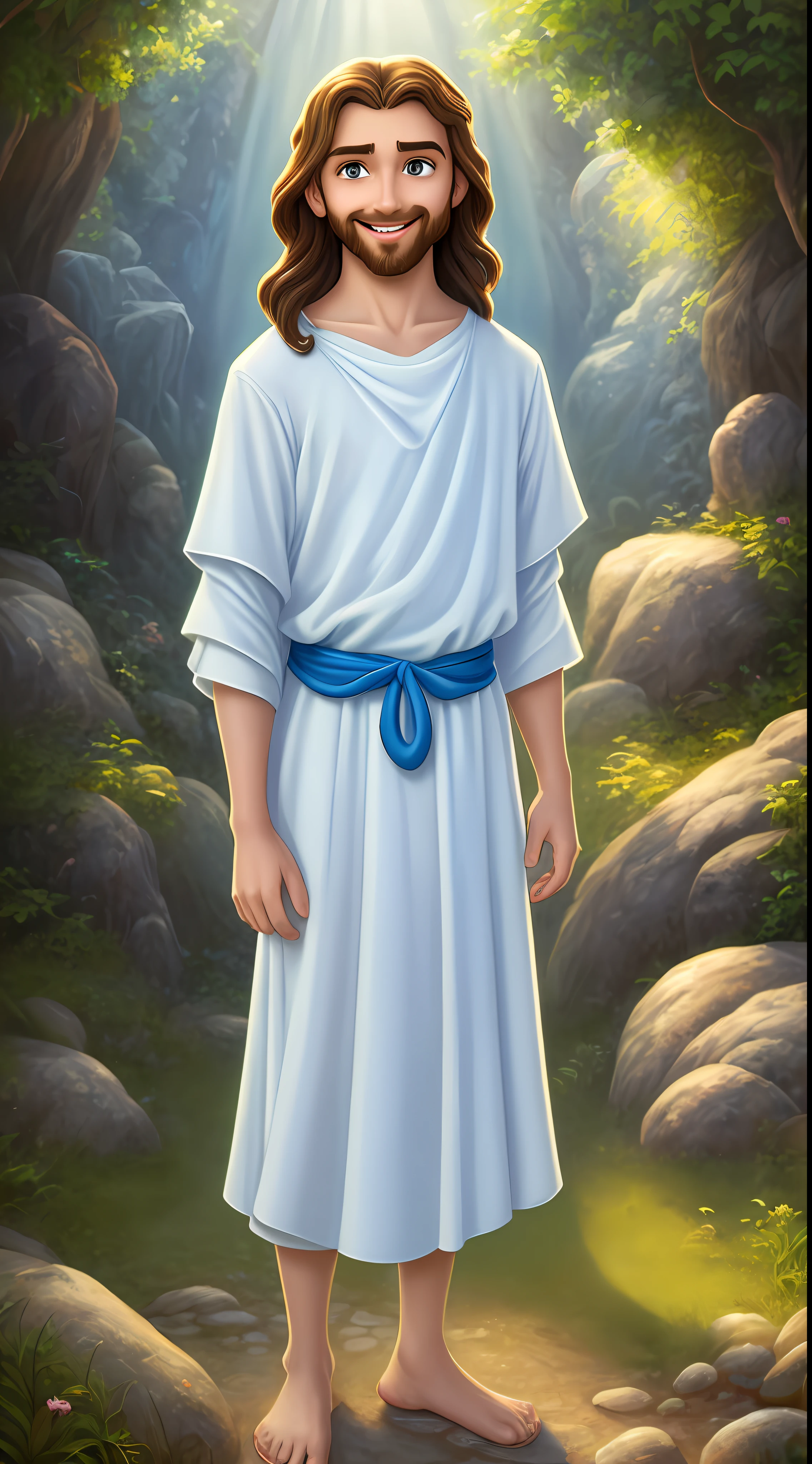 Original art quality, full body picture, Disney character animation style, young and handsome Jesus God, standing posture, hands naturally placed on both sides, looking ahead, gentle expression and smiling, eyes full of light, background light blue, translucent, with light as the theme, the focus of light is on the characters, the overall picture is fresh and bright.