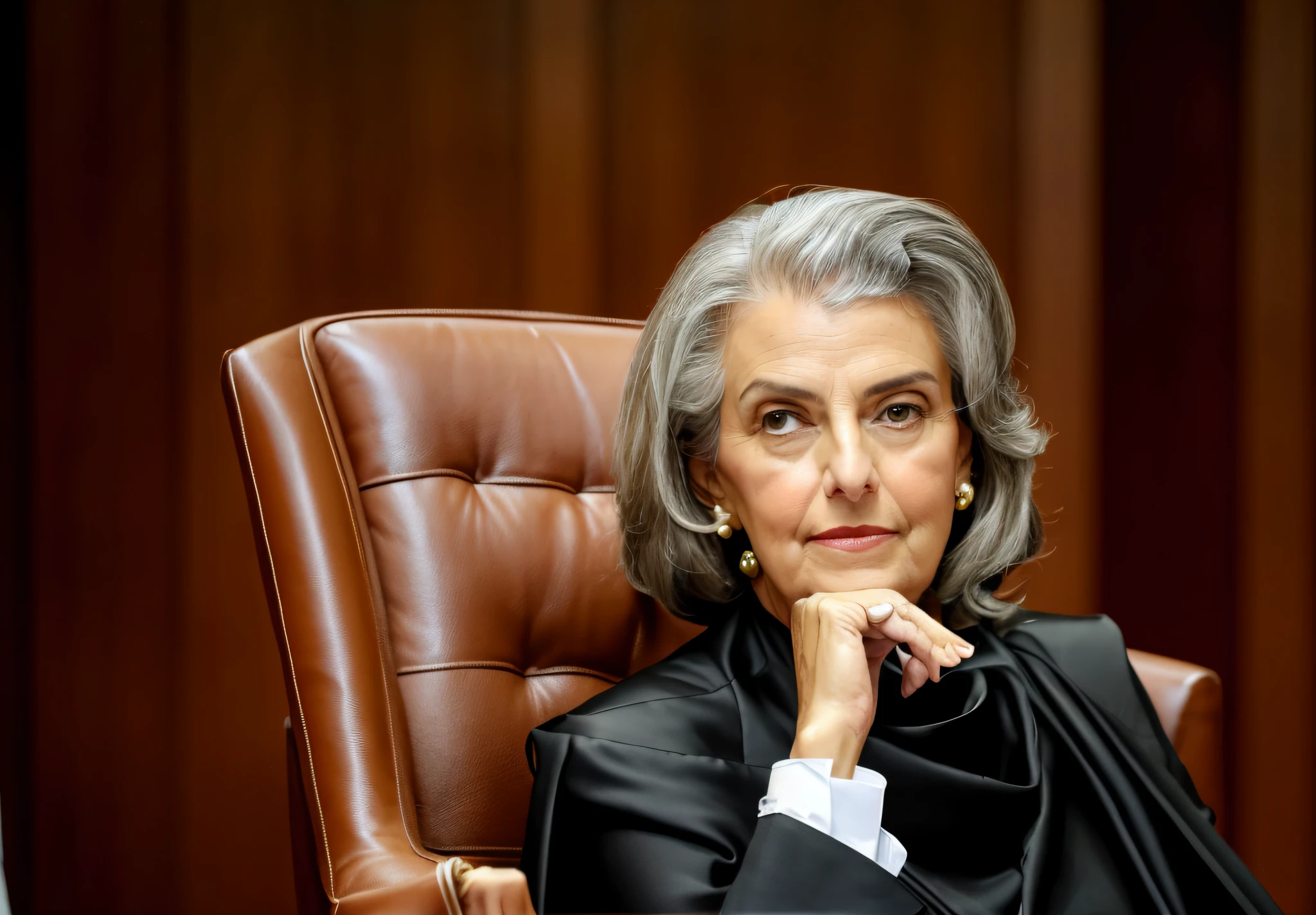 There is a woman sitting smiling in a chair with her hand on her chin, gray hair, judge, São Paulo, Olivia de Bernardinis, looks like Fabiula Nascimento, Malika Favre, president of Brazil, dressed as a judge, Caroline Gariba, woman, of Fernando Gerassi, in São Paulo, Valentina Remenar, reads Long