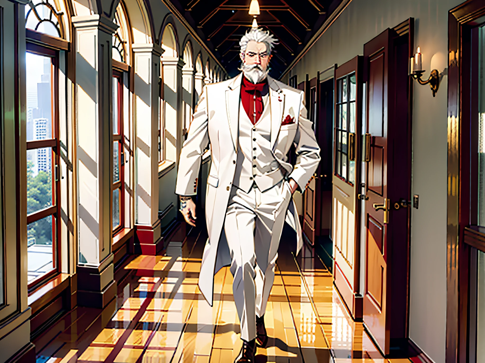 A middle-aged uncle, with white hair and a white beard, wearing a red and white suit, stood in a corridor full of windows, with a serious face, a half-body drawing, and a tattooed neck