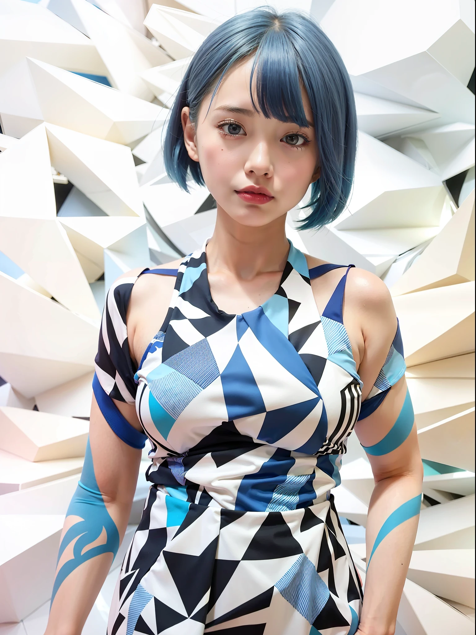 arafed woman with blue hair and a blue top standing in front of a colorful wall, chiho aoshima color scheme, short blue haired woman, inspired by Yanjun Cheng, vivid color.digital 2d, overlaid with aizome patterns, girl with blue hair, by Ayami Kojima, live2d virtual youtuber model, futuristic cubism